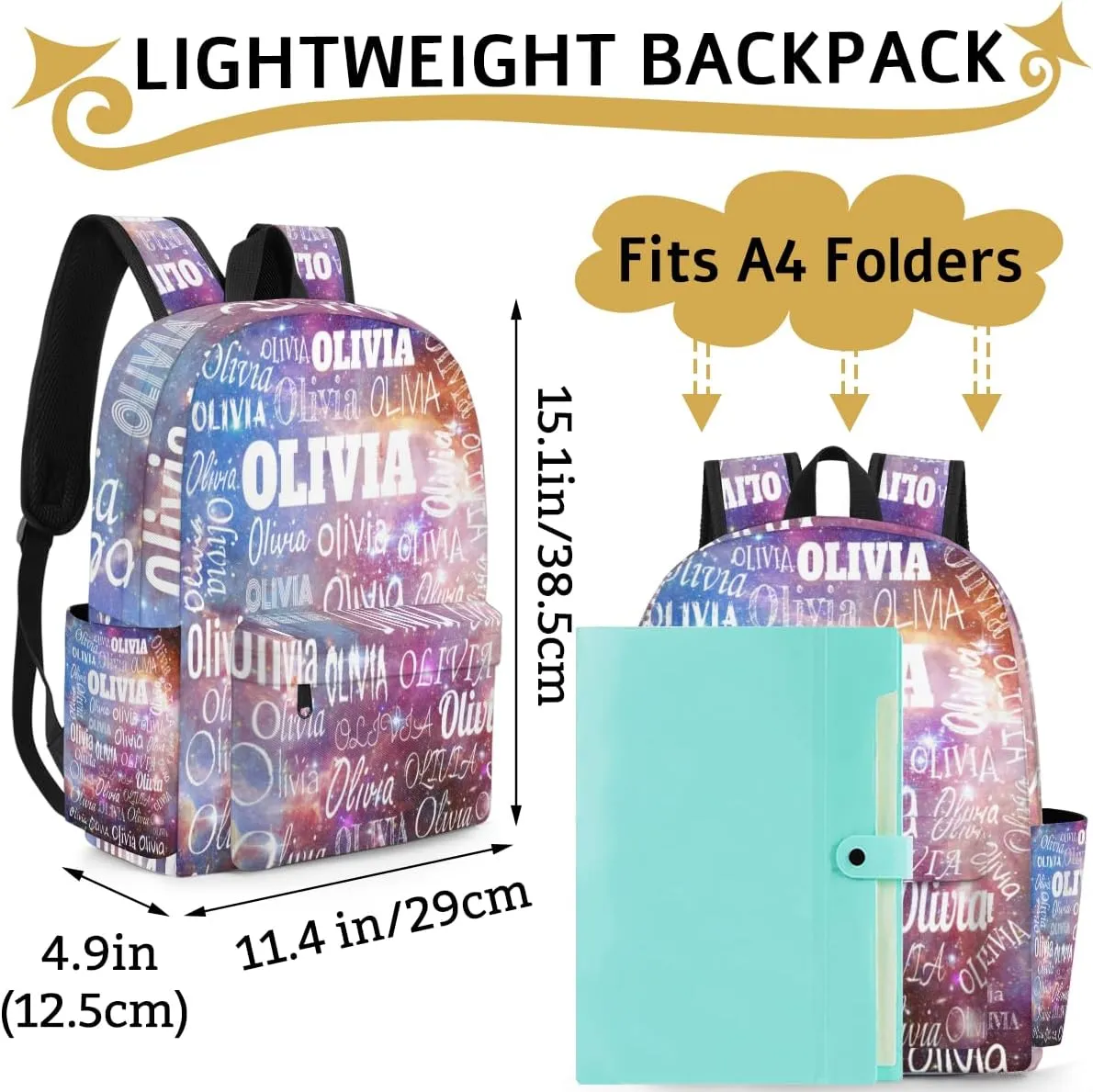 Custom Backpack School Bag for Girls Boys Kids, Personalized Bookbag with Name Elementary Book Bag, Universe Stars Space Galaxy