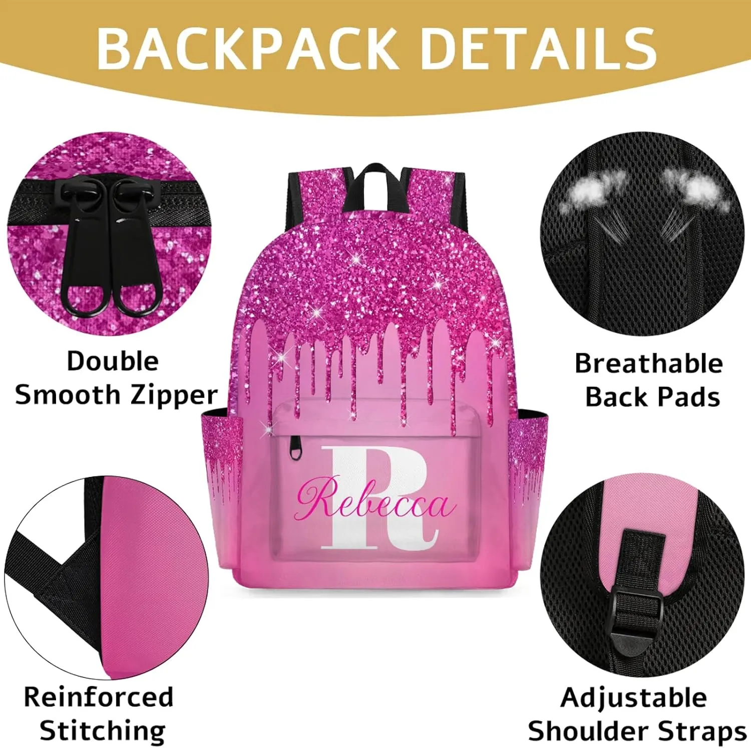 Custom Backpack with Initial & Name Personalized Shoulder Bag for Women Men Waterproof Travel Casual Backpack 15.1in, Berry