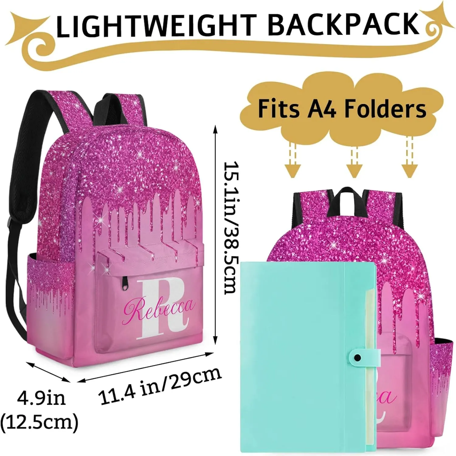 Custom Backpack with Initial & Name Personalized Shoulder Bag for Women Men Waterproof Travel Casual Backpack 15.1in, Berry