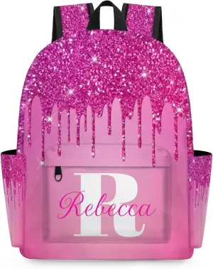 Custom Backpack with Initial & Name Personalized Shoulder Bag for Women Men Waterproof Travel Casual Backpack 15.1in, Berry