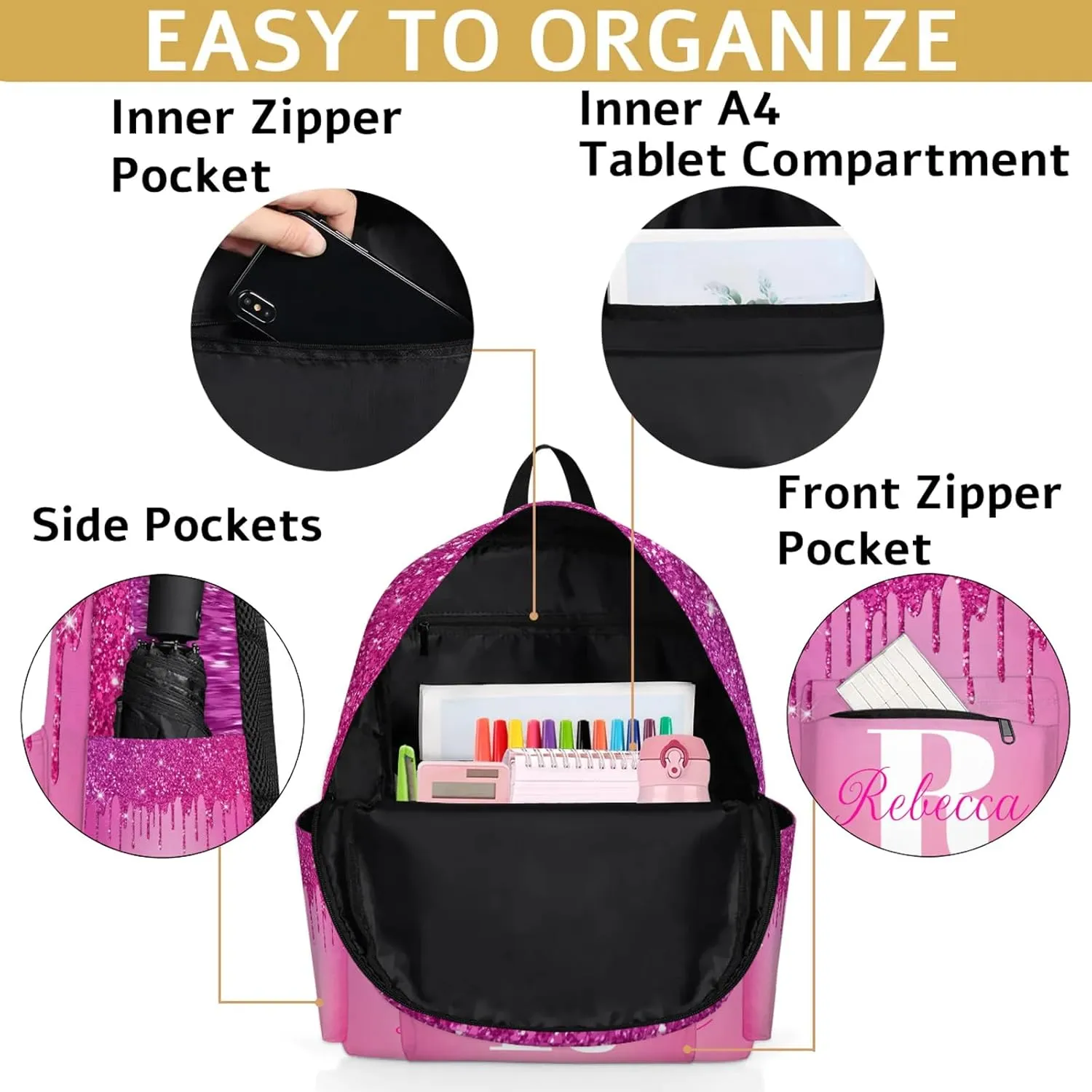 Custom Backpack with Initial & Name Personalized Shoulder Bag for Women Men Waterproof Travel Casual Backpack 15.1in, Berry