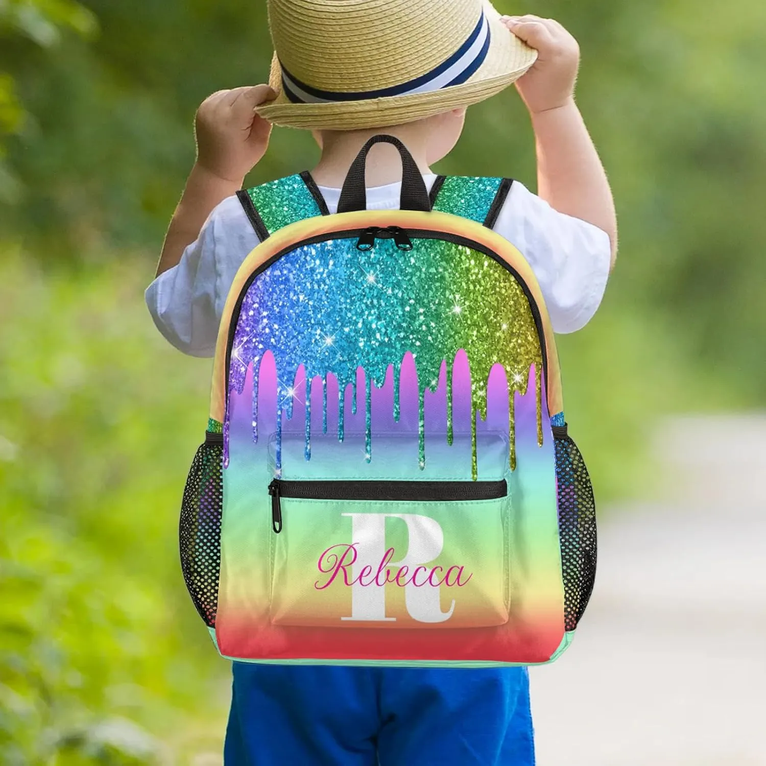 Custom Backpack with Initial & Name Personalized Small Shoulder Bag Waterproof Travel Casual Backpack with Chest Strap 12in, Light Rainbow