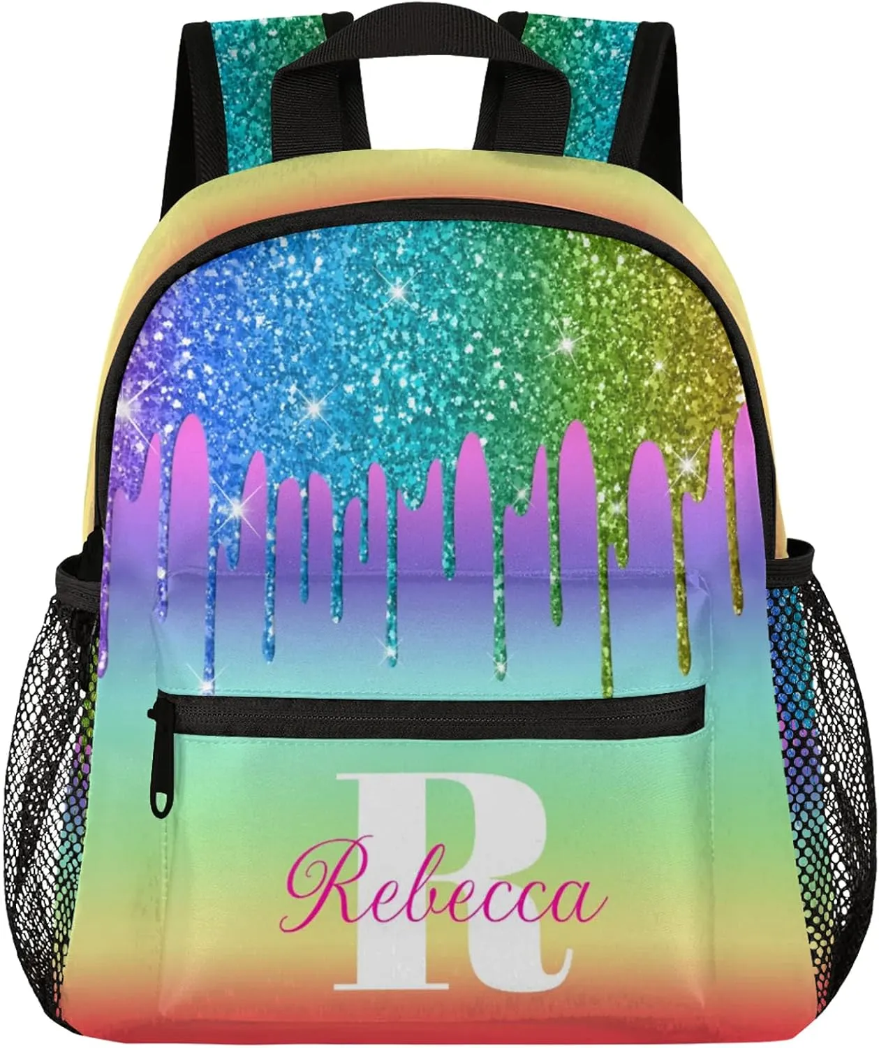 Custom Backpack with Initial & Name Personalized Small Shoulder Bag Waterproof Travel Casual Backpack with Chest Strap 12in, Light Rainbow