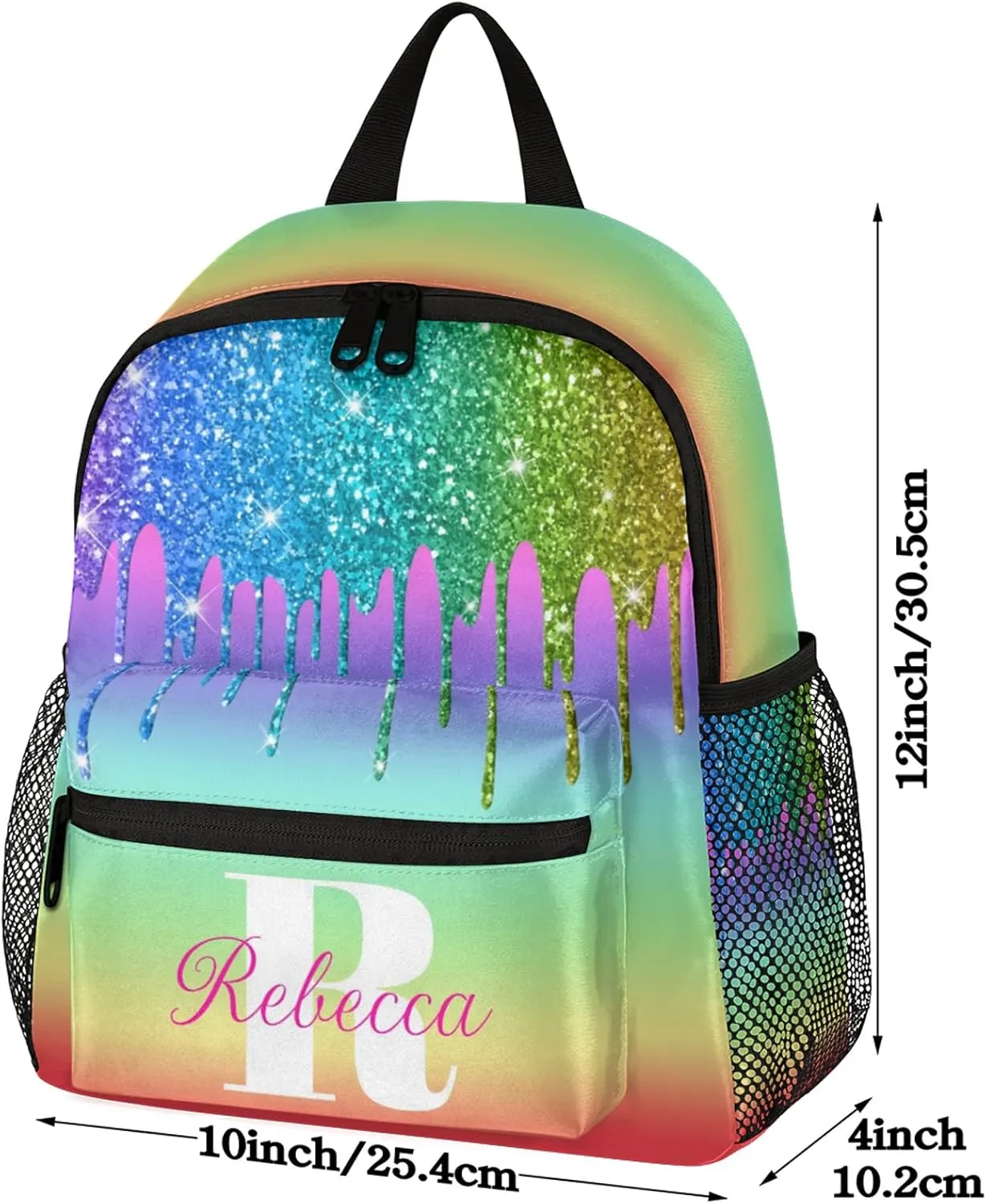 Custom Backpack with Initial & Name Personalized Small Shoulder Bag Waterproof Travel Casual Backpack with Chest Strap 12in, Light Rainbow