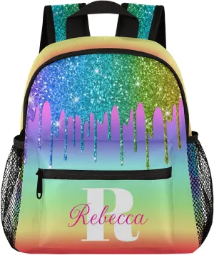 Custom Backpack with Initial & Name Personalized Small Shoulder Bag Waterproof Travel Casual Backpack with Chest Strap 12in, Light Rainbow