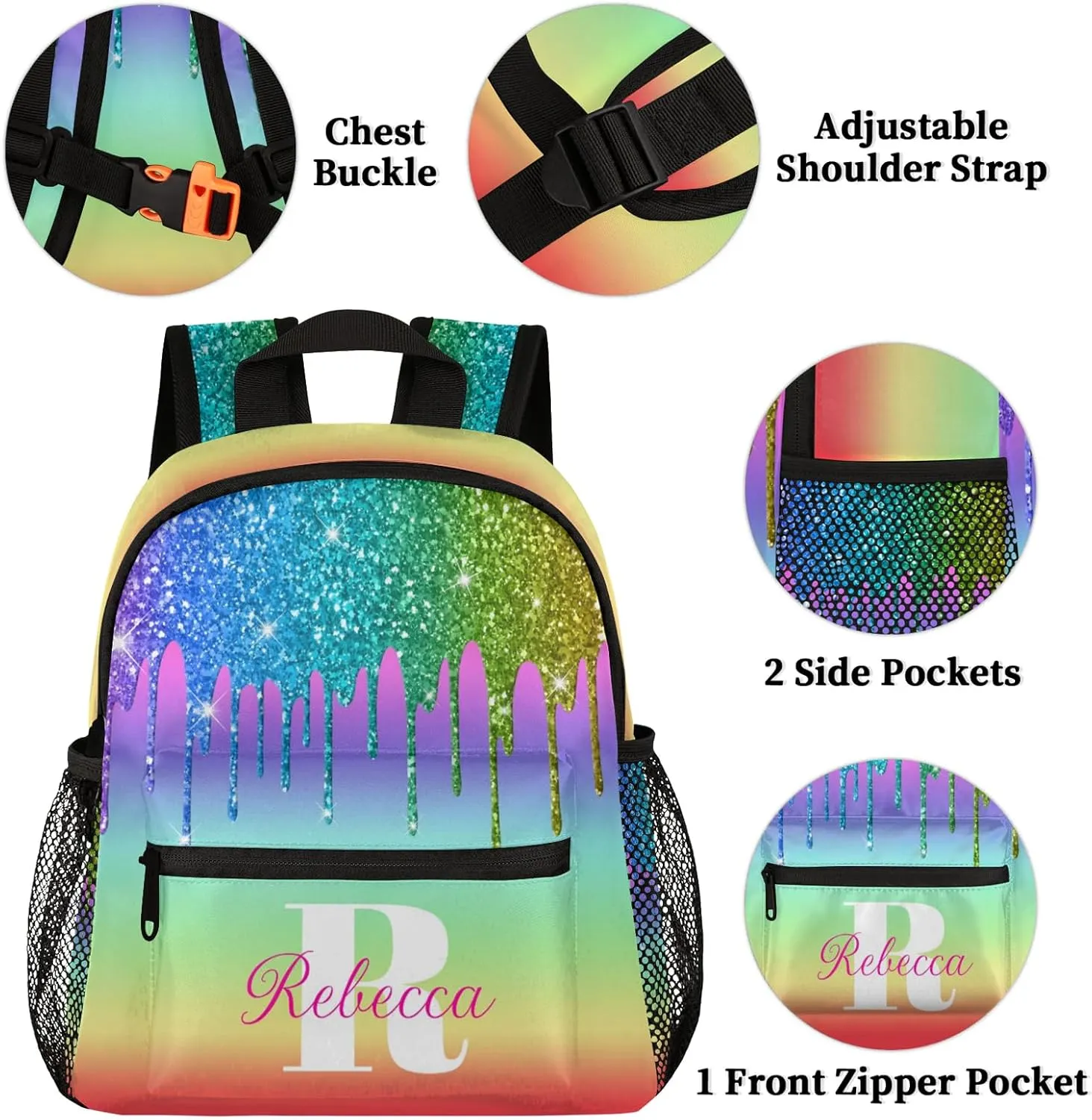 Custom Backpack with Initial & Name Personalized Small Shoulder Bag Waterproof Travel Casual Backpack with Chest Strap 12in, Light Rainbow