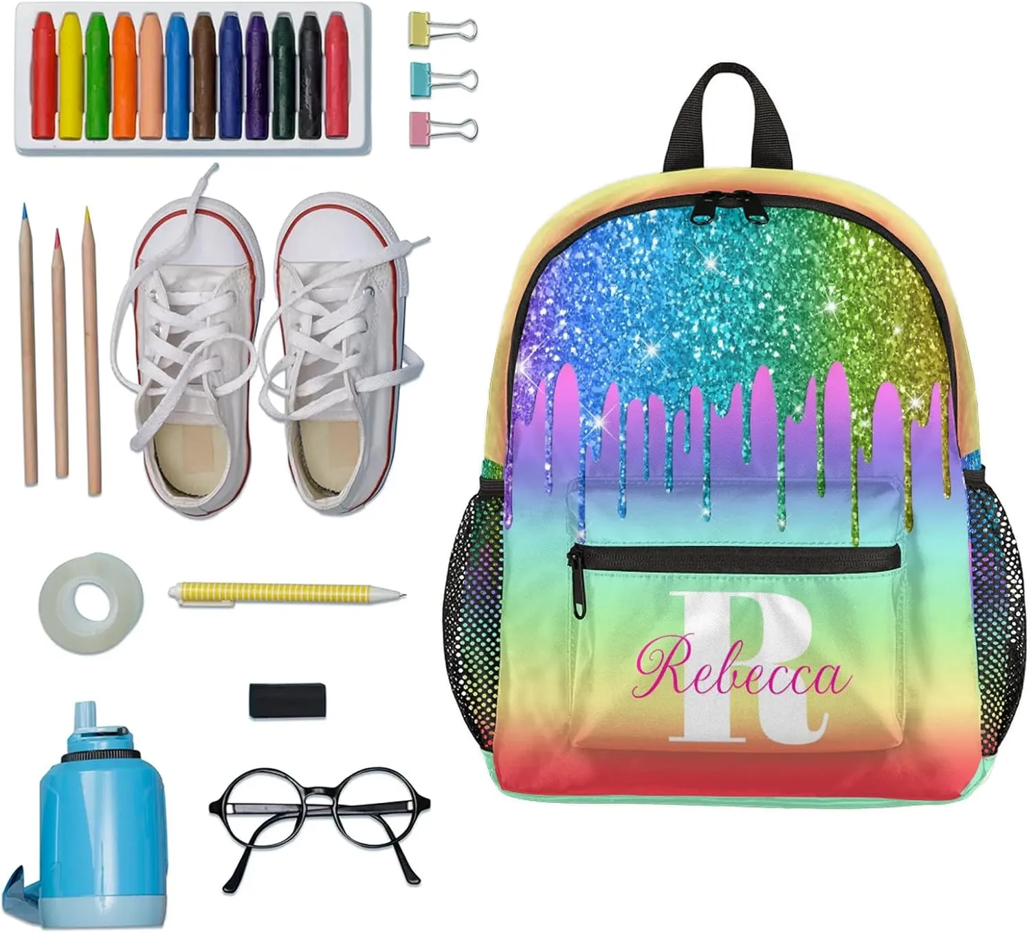 Custom Backpack with Initial & Name Personalized Small Shoulder Bag Waterproof Travel Casual Backpack with Chest Strap 12in, Light Rainbow