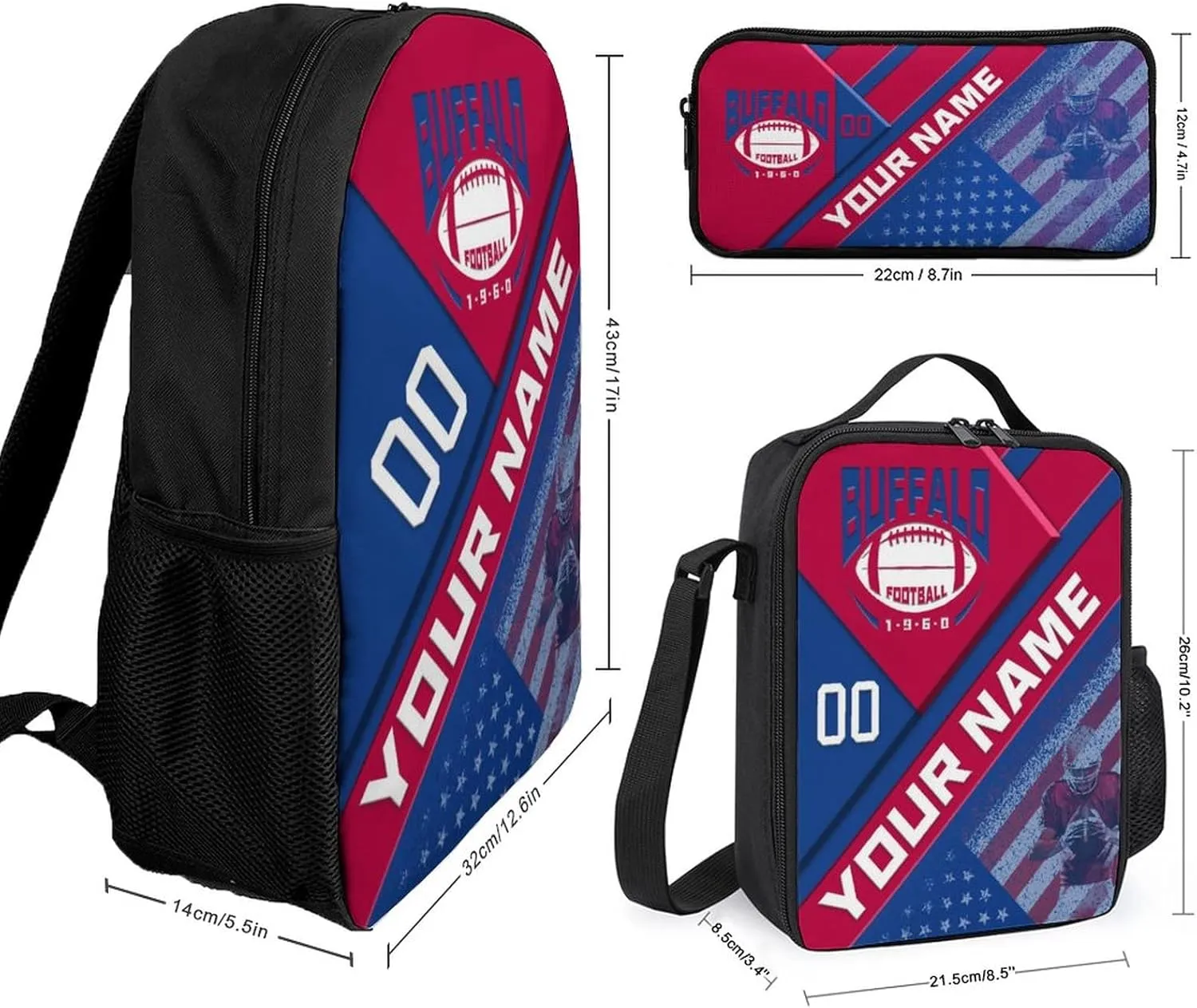 Custom Buffalo Backpack with Lunch Bag Pencil Case Personalized Name Number 3 Piece Set Gifts for Men Women