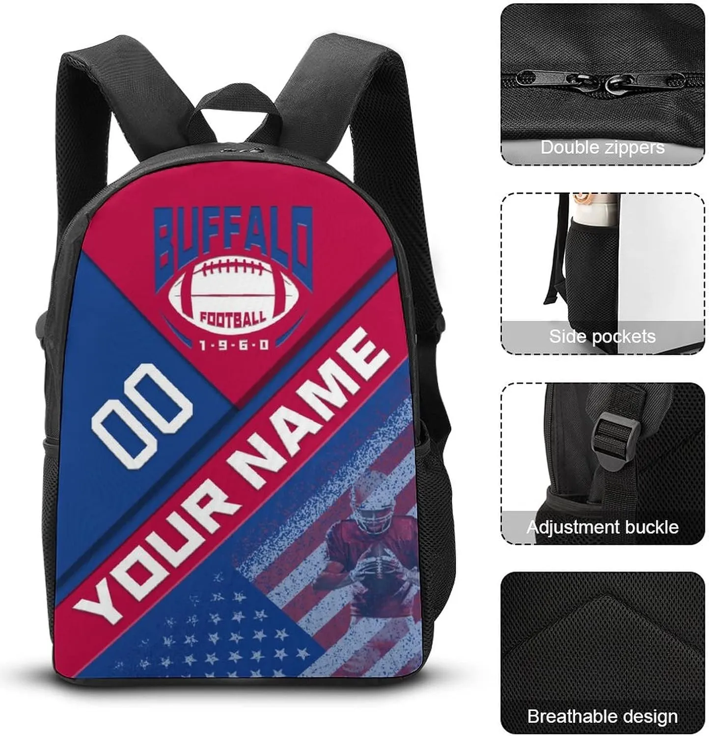 Custom Buffalo Backpack with Lunch Bag Pencil Case Personalized Name Number 3 Piece Set Gifts for Men Women