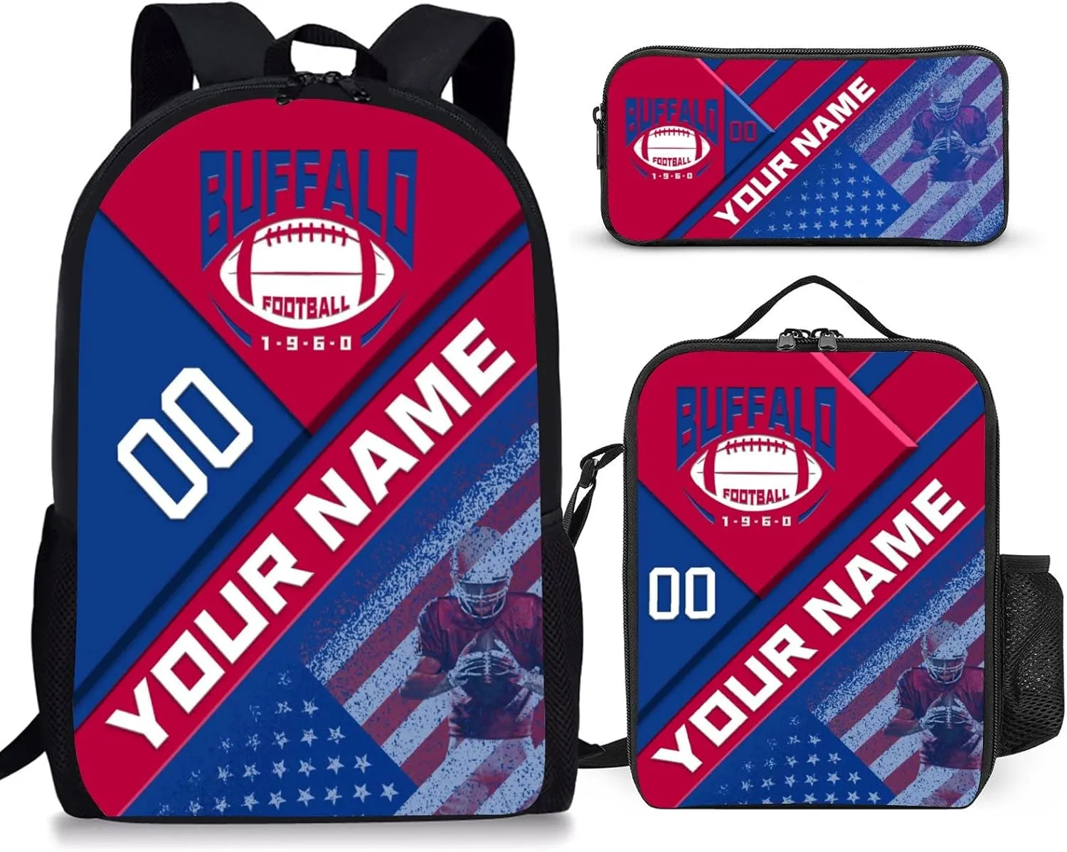 Custom Buffalo Backpack with Lunch Bag Pencil Case Personalized Name Number 3 Piece Set Gifts for Men Women