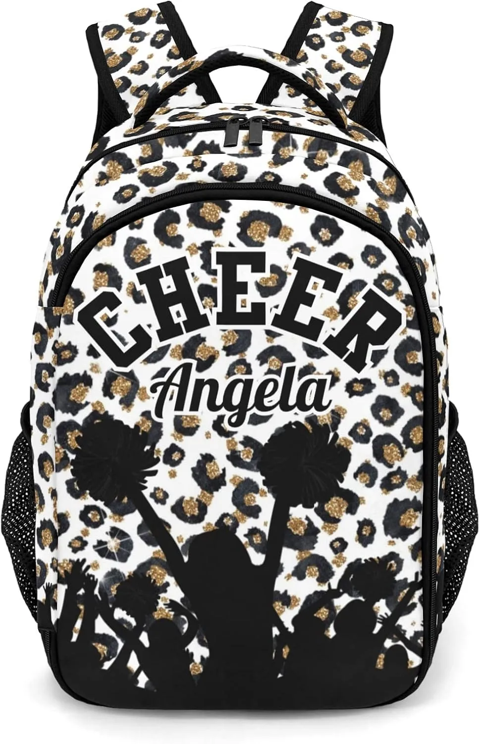 Custom Cheerleader Backpack Name Casual Bag Daypack for Women Men Camping Hiking Leopard Print Cheerleading