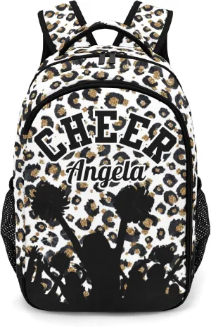 Custom Cheerleader Backpack Name Casual Bag Daypack for Women Men Camping Hiking Leopard Print Cheerleading