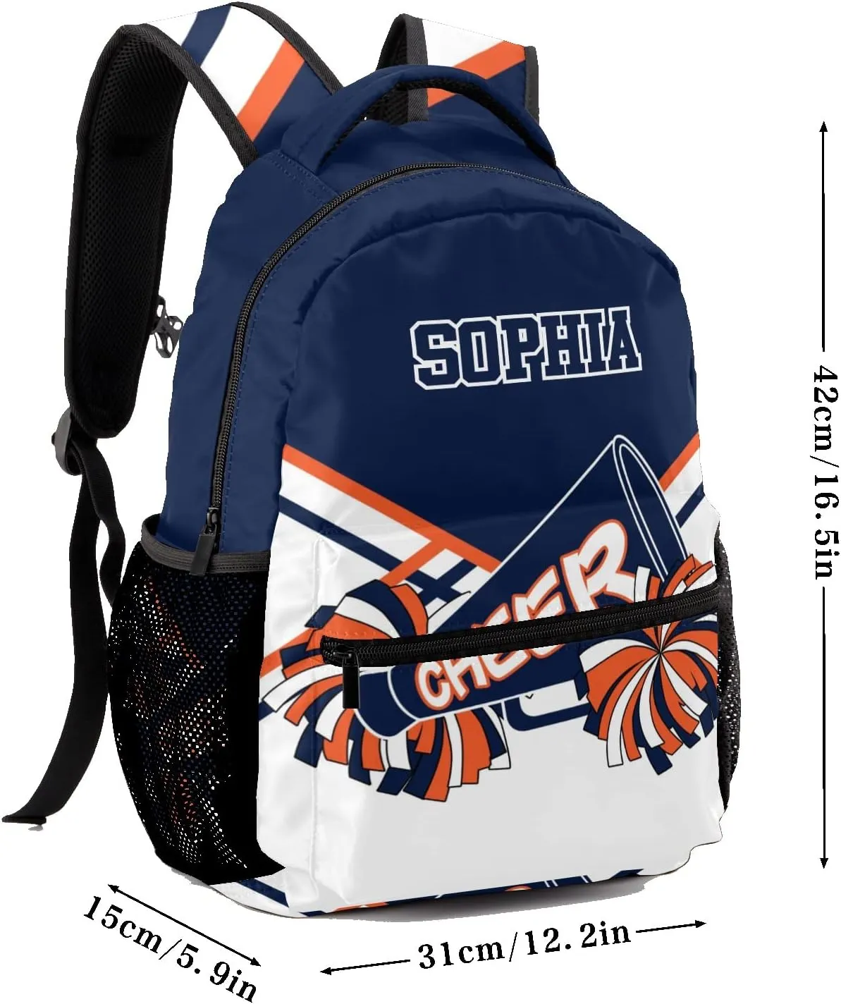 Custom Cheerleader Orange Navy Blue Personalized Causual Shoulder Bag Sports Leisure Camping Backpack for Women Men