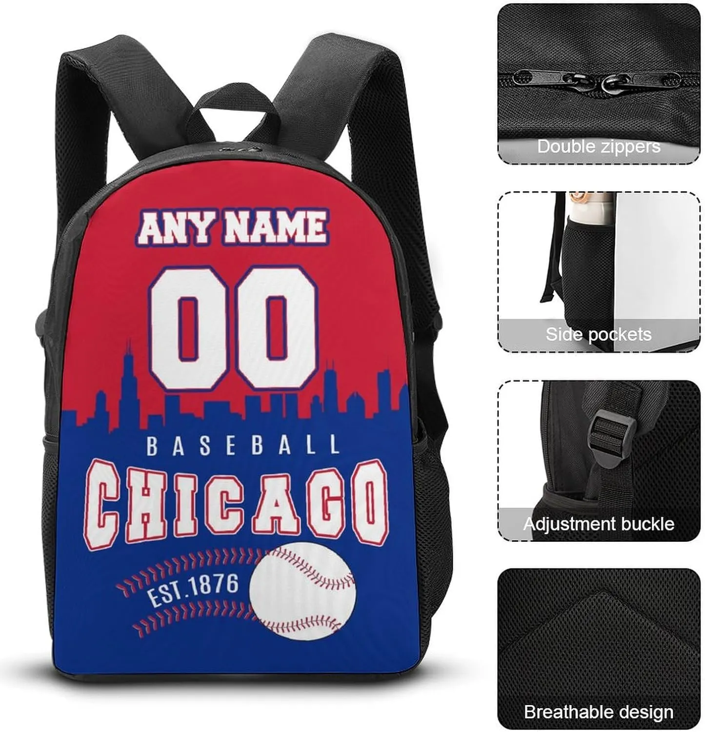 Custom Chicago Backpack 3PCS 17 Inch Baseball Laptop Bag Lunch Bag Pencil Case Gifts for Boy Girl Men Women
