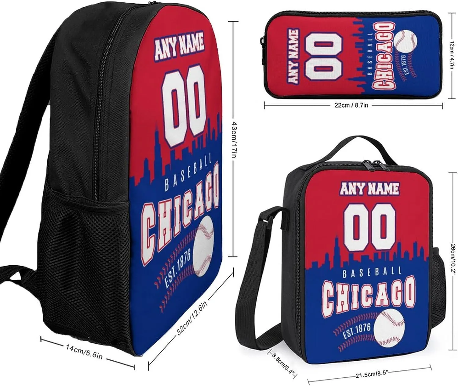 Custom Chicago Backpack 3PCS 17 Inch Baseball Laptop Bag Lunch Bag Pencil Case Gifts for Boy Girl Men Women