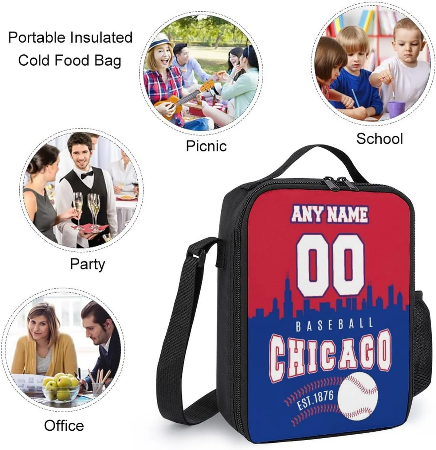 Custom Chicago Backpack 3PCS 17 Inch Baseball Laptop Bag Lunch Bag Pencil Case Gifts for Boy Girl Men Women
