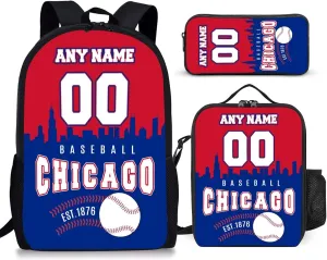 Custom Chicago Backpack 3PCS 17 Inch Baseball Laptop Bag Lunch Bag Pencil Case Gifts for Boy Girl Men Women