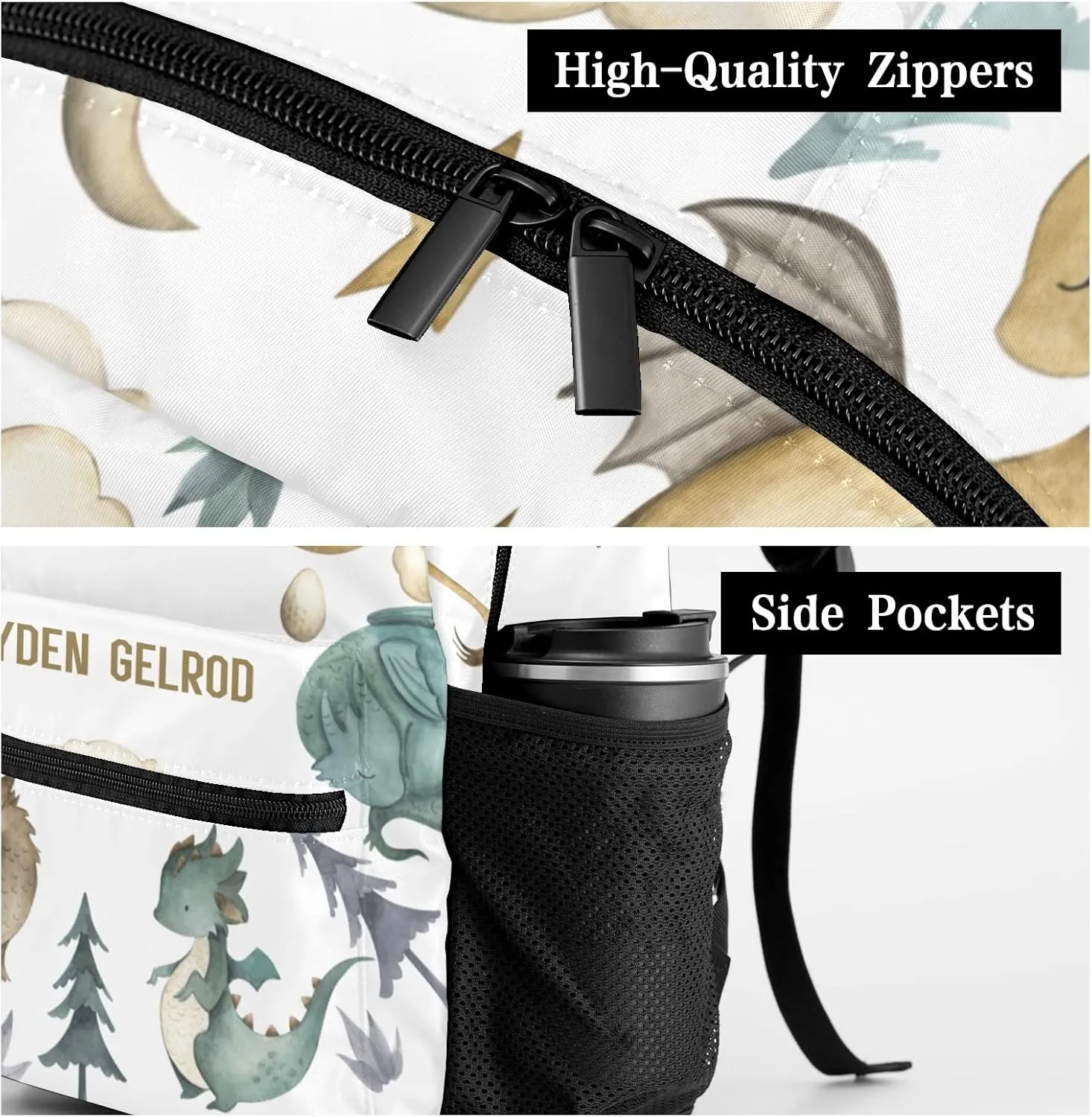 Custom Kid Backpack, Ancient Animals Dragon Watercolor Personalized School Bookbag with Your Own Name, Customization Casual Bookbags for Student Girls Boys