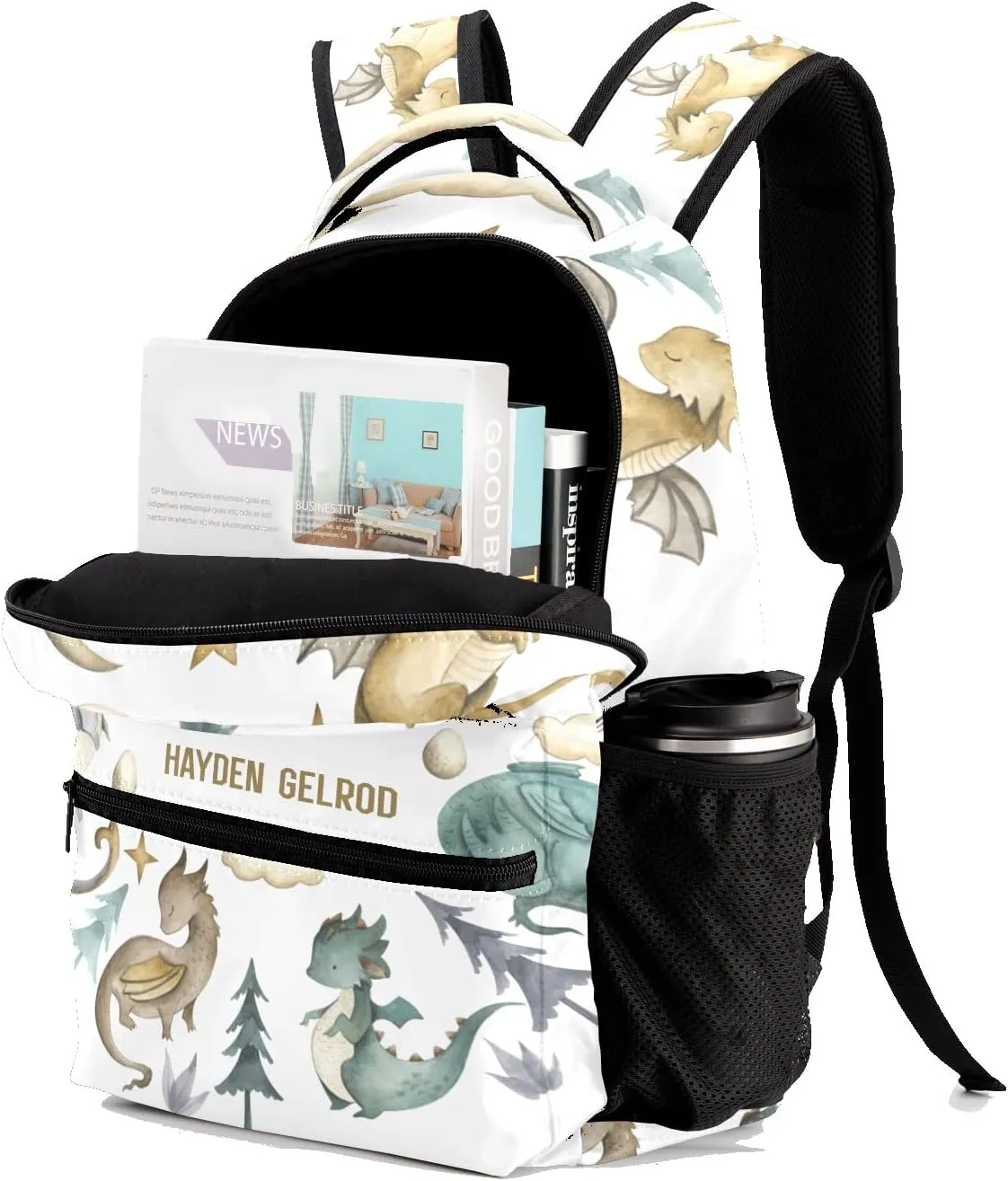 Custom Kid Backpack, Ancient Animals Dragon Watercolor Personalized School Bookbag with Your Own Name, Customization Casual Bookbags for Student Girls Boys