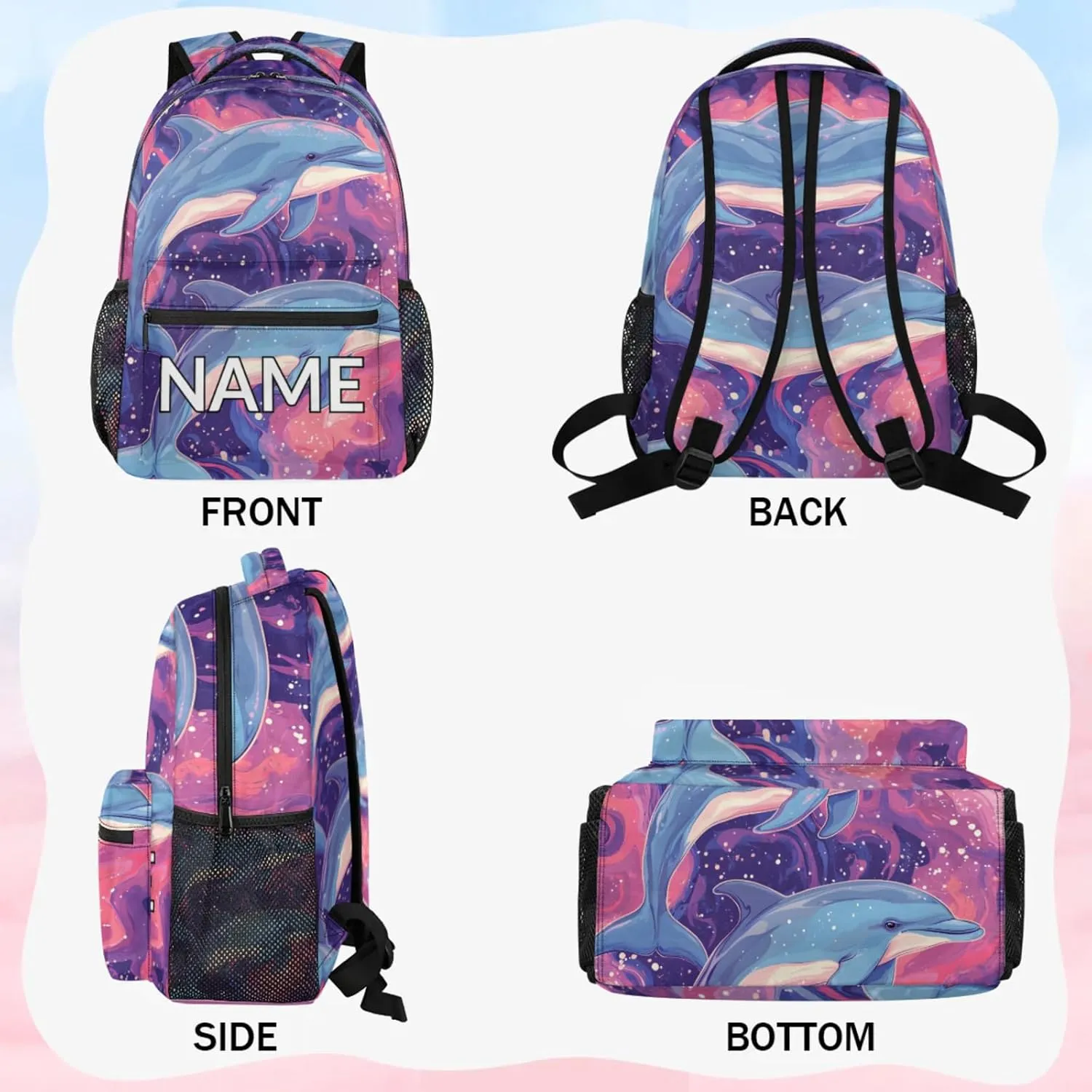 Custom Ocean Dolphin Backpack with Name Personalized Waterproof Casual Daypack Sealife Animal Customize Laptop Backpacks for Women Men