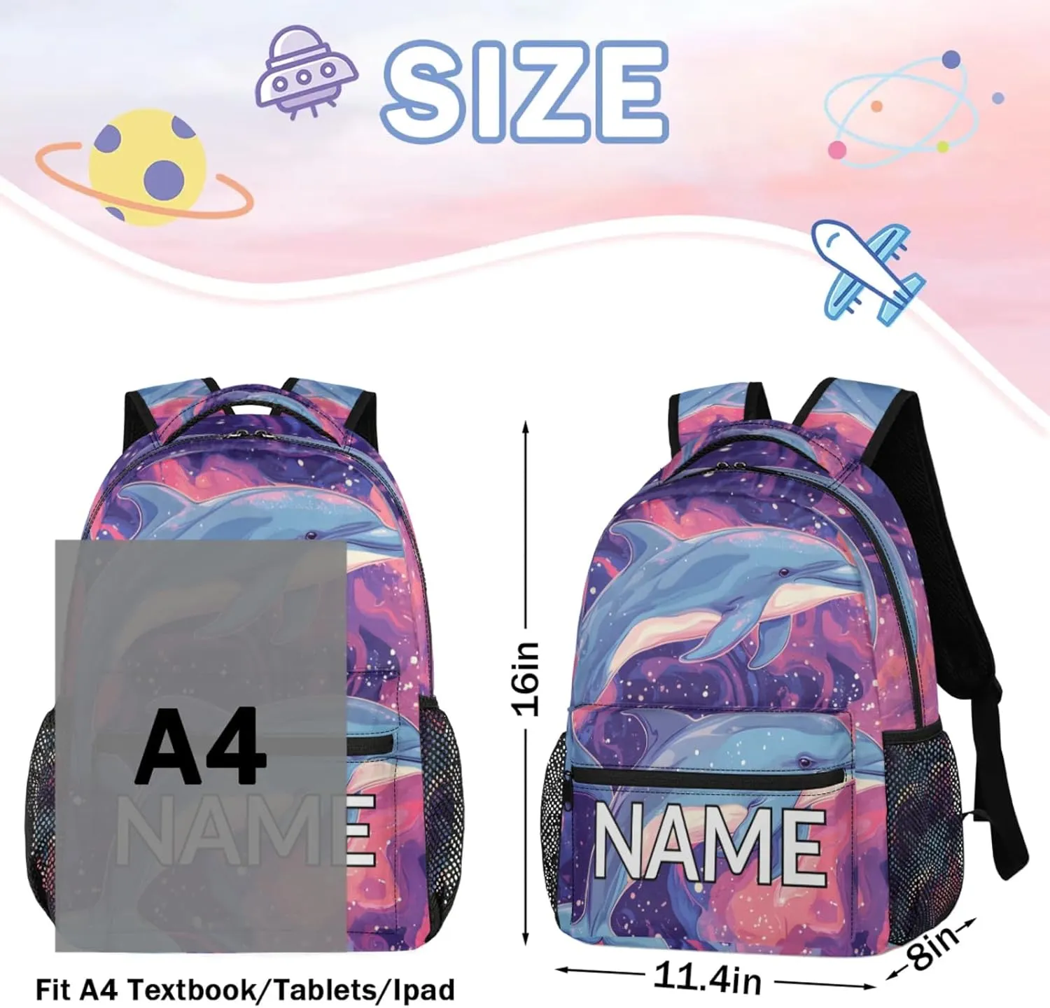 Custom Ocean Dolphin Backpack with Name Personalized Waterproof Casual Daypack Sealife Animal Customize Laptop Backpacks for Women Men