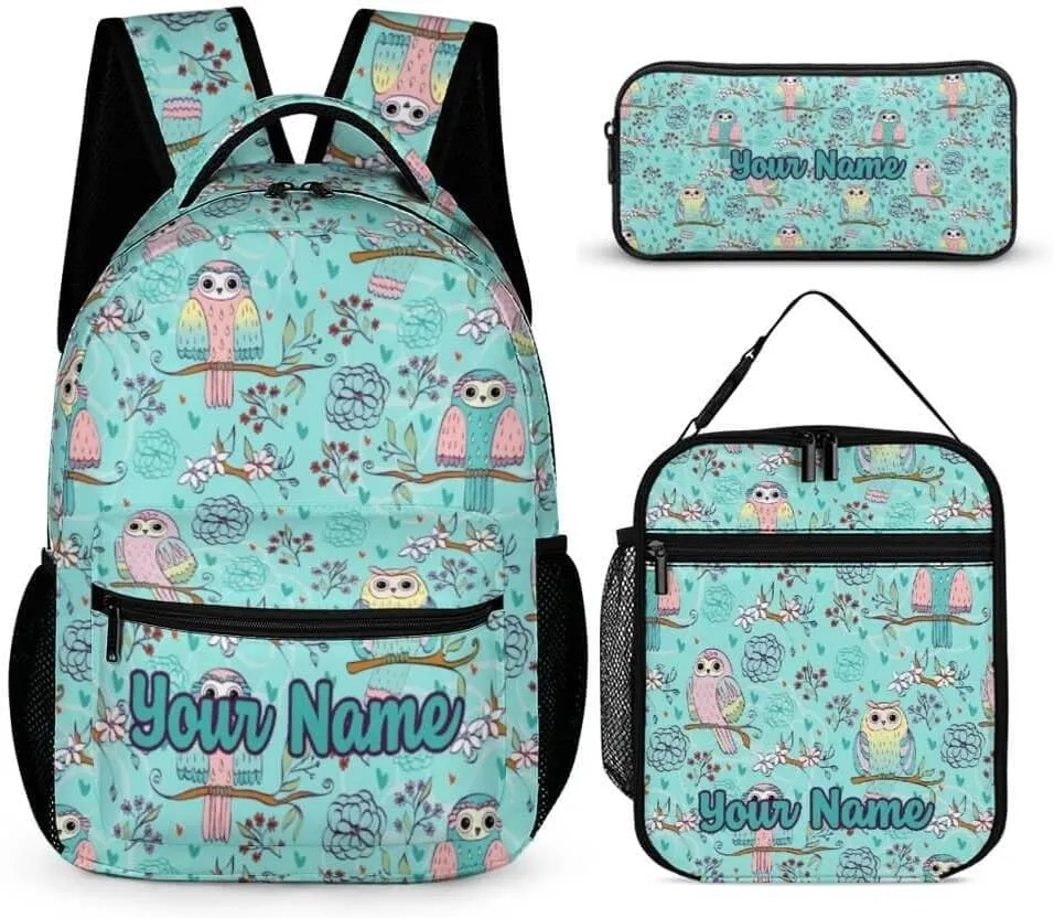 Custom Owl Backpack with Lunch Box & Pencil Case for Kids Girls Boys School, 16 Inch Cute Owls Bookbag, School Backpack for Students Children, Lightweight, Large Capacity