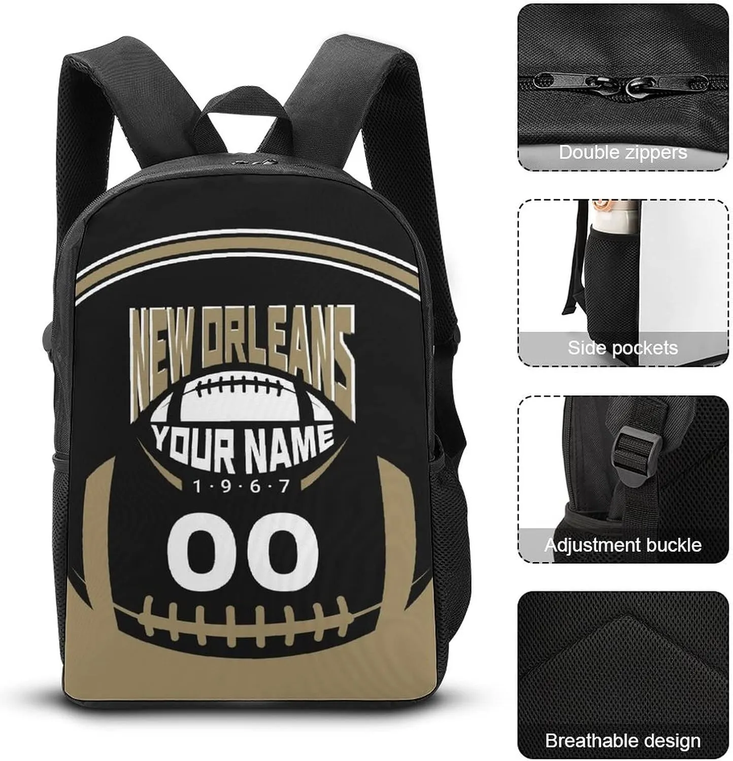 Custom Shoulder New Orleans Backpack Personalized Any Name Number 17 Inch Large Capacity Laptop Bag Bookbag Gifts for Men Women