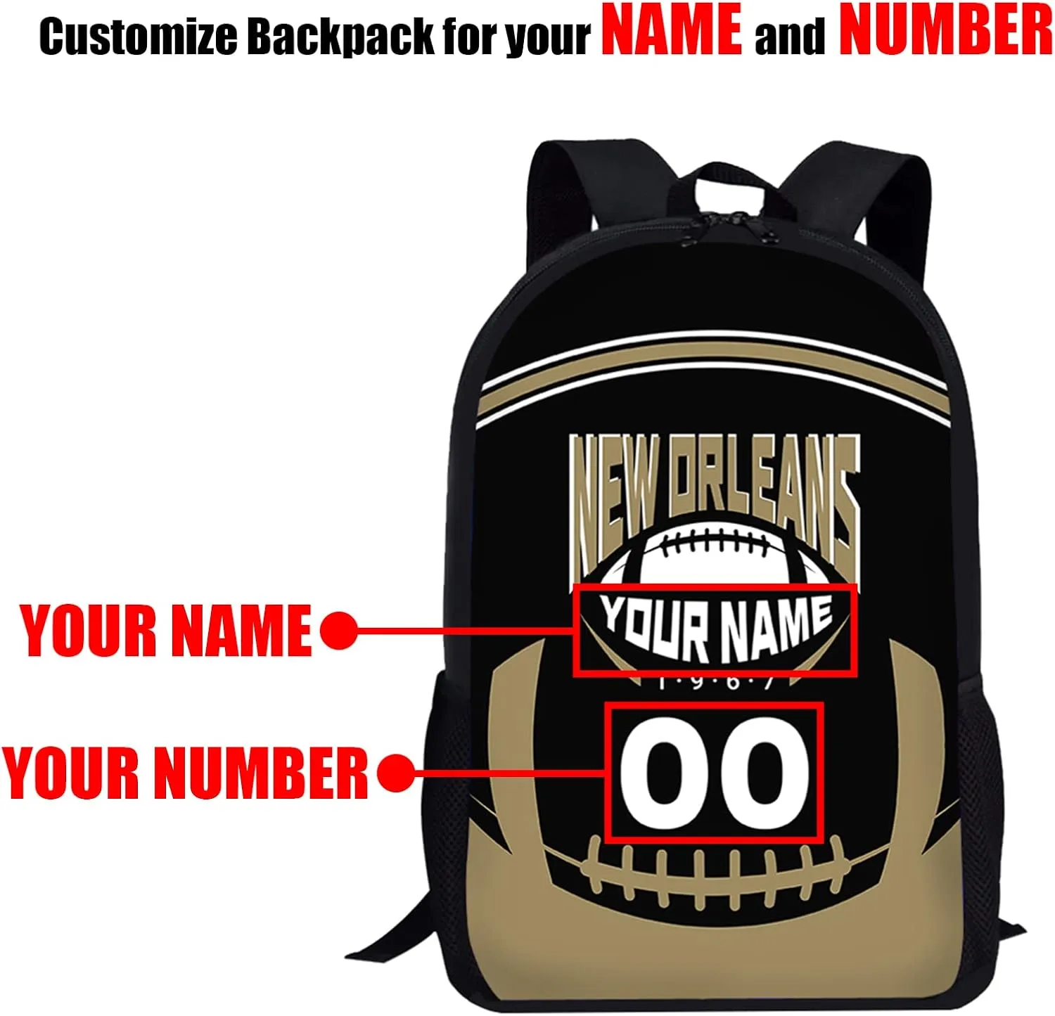 Custom Shoulder New Orleans Backpack Personalized Any Name Number 17 Inch Large Capacity Laptop Bag Bookbag Gifts for Men Women