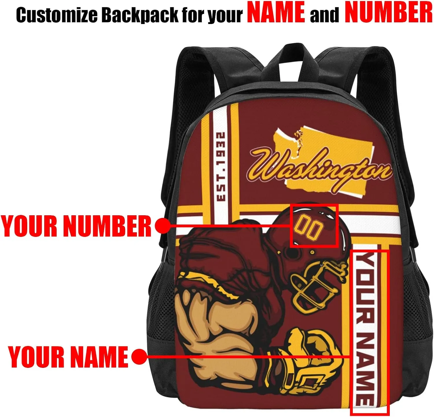Custom Shoulder Washington Backpack Personalized Any Name Number 17 Inch Large Capacity Laptop Bag Bookbag Gifts for Men Women