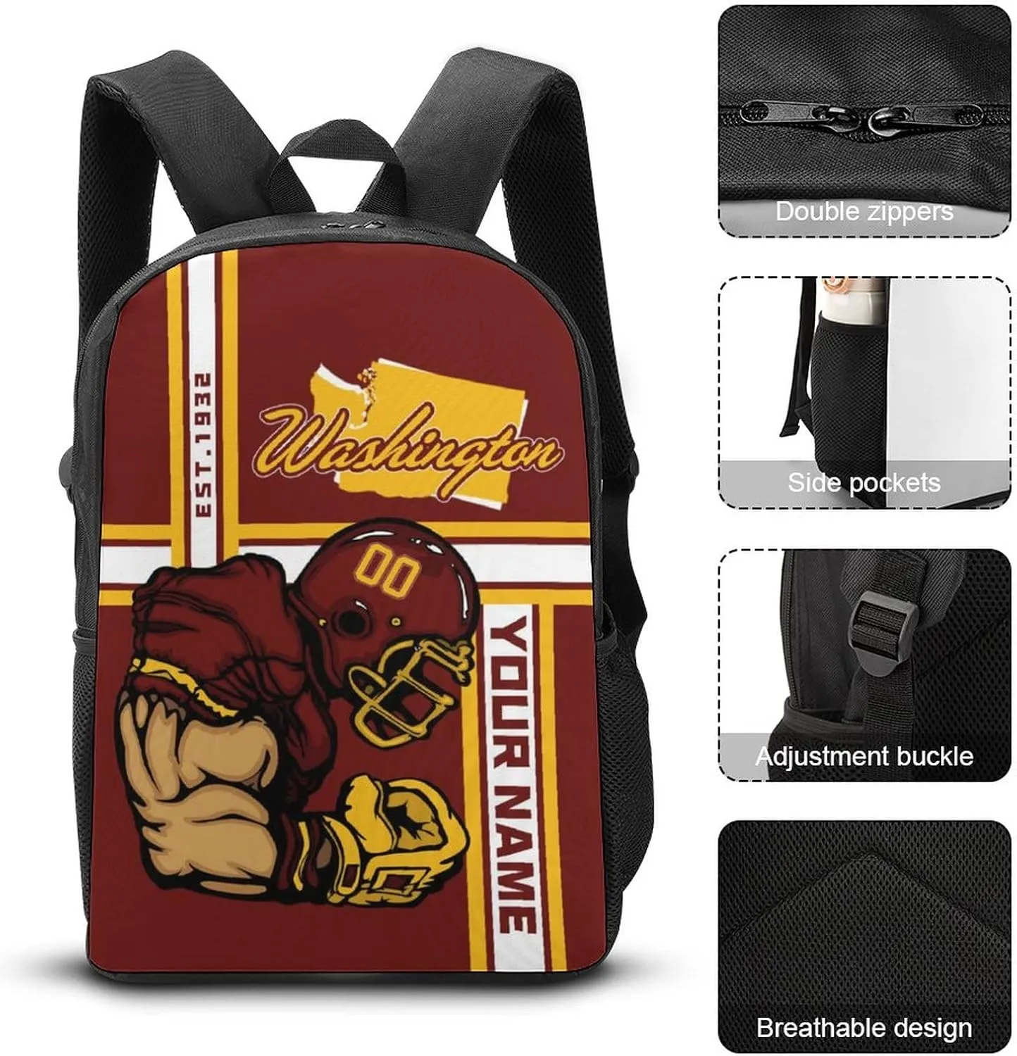 Custom Shoulder Washington Backpack Personalized Any Name Number 17 Inch Large Capacity Laptop Bag Bookbag Gifts for Men Women