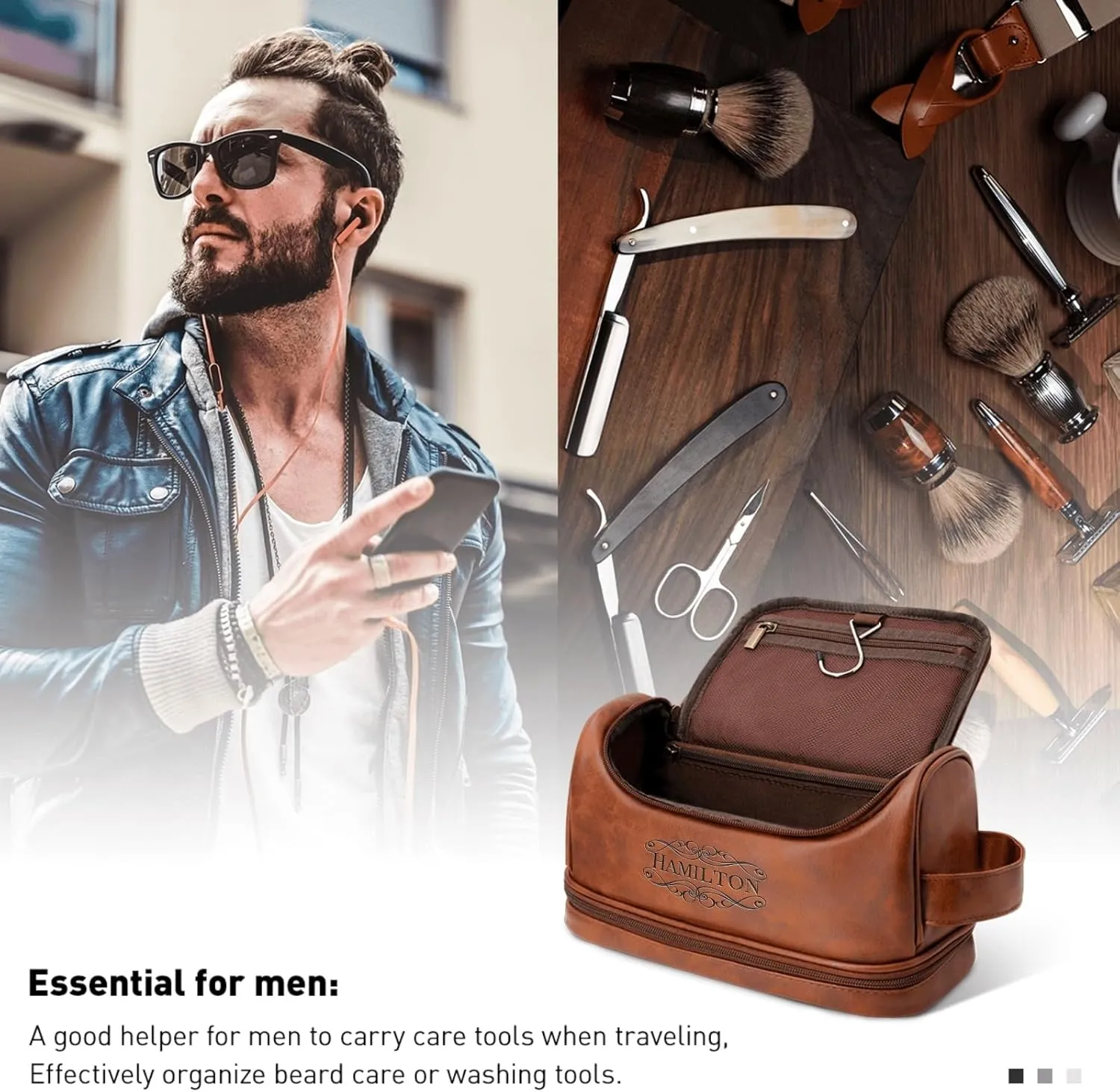 Customized Waterproof Leather Toiletry Bag - Personalized Dopp Kit for Men with Engraved Name/Logo - Ideal Travel Organizer for Husband Boyfriend Dad - Perfect for Wedding, Father's Day, Anniversary