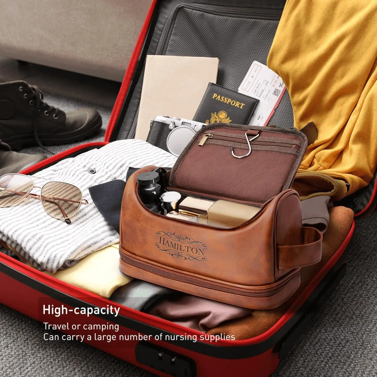 Customized Waterproof Leather Toiletry Bag - Personalized Dopp Kit for Men with Engraved Name/Logo - Ideal Travel Organizer for Husband Boyfriend Dad - Perfect for Wedding, Father's Day, Anniversary