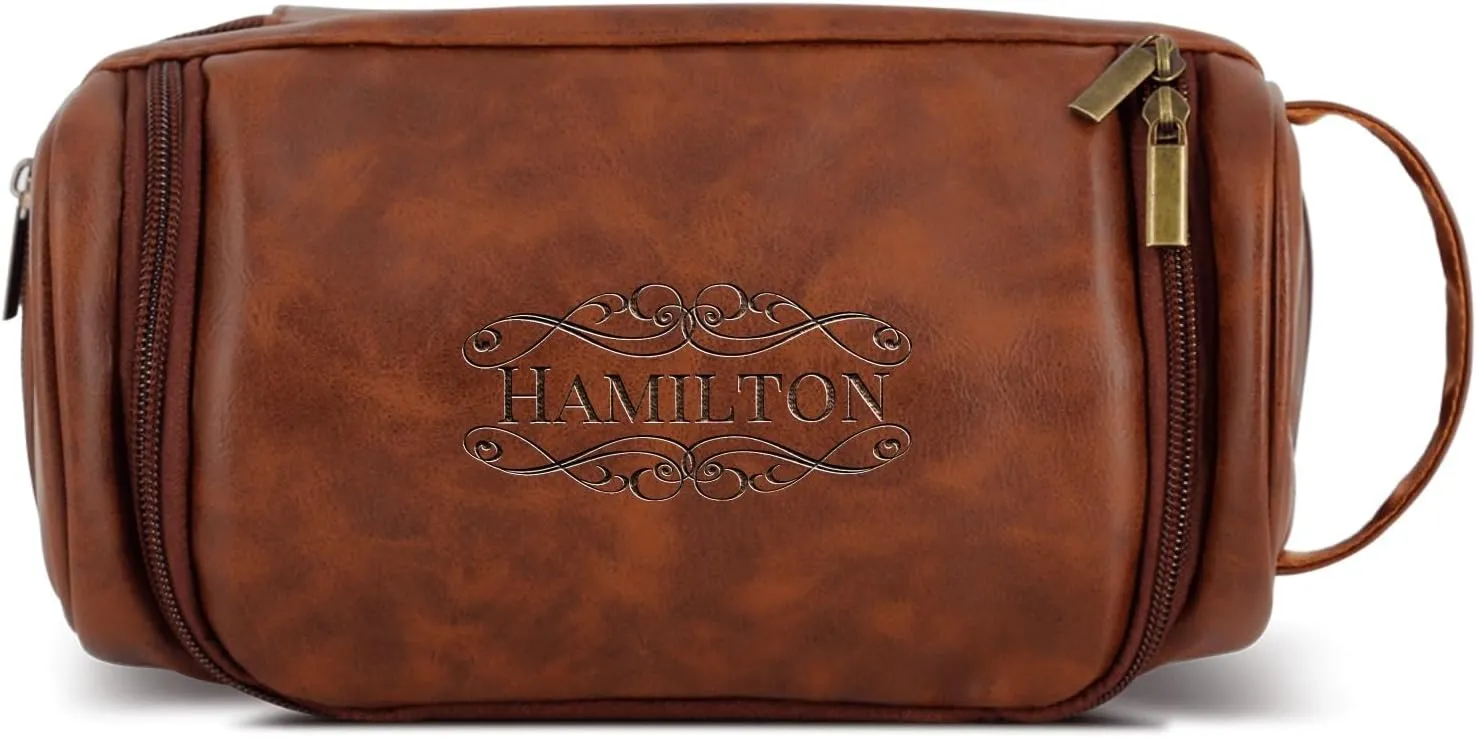 Customized Waterproof Leather Toiletry Bag - Personalized Dopp Kit for Men with Engraved Name/Logo - Ideal Travel Organizer for Husband Boyfriend Dad - Perfect for Wedding, Father's Day, Anniversary