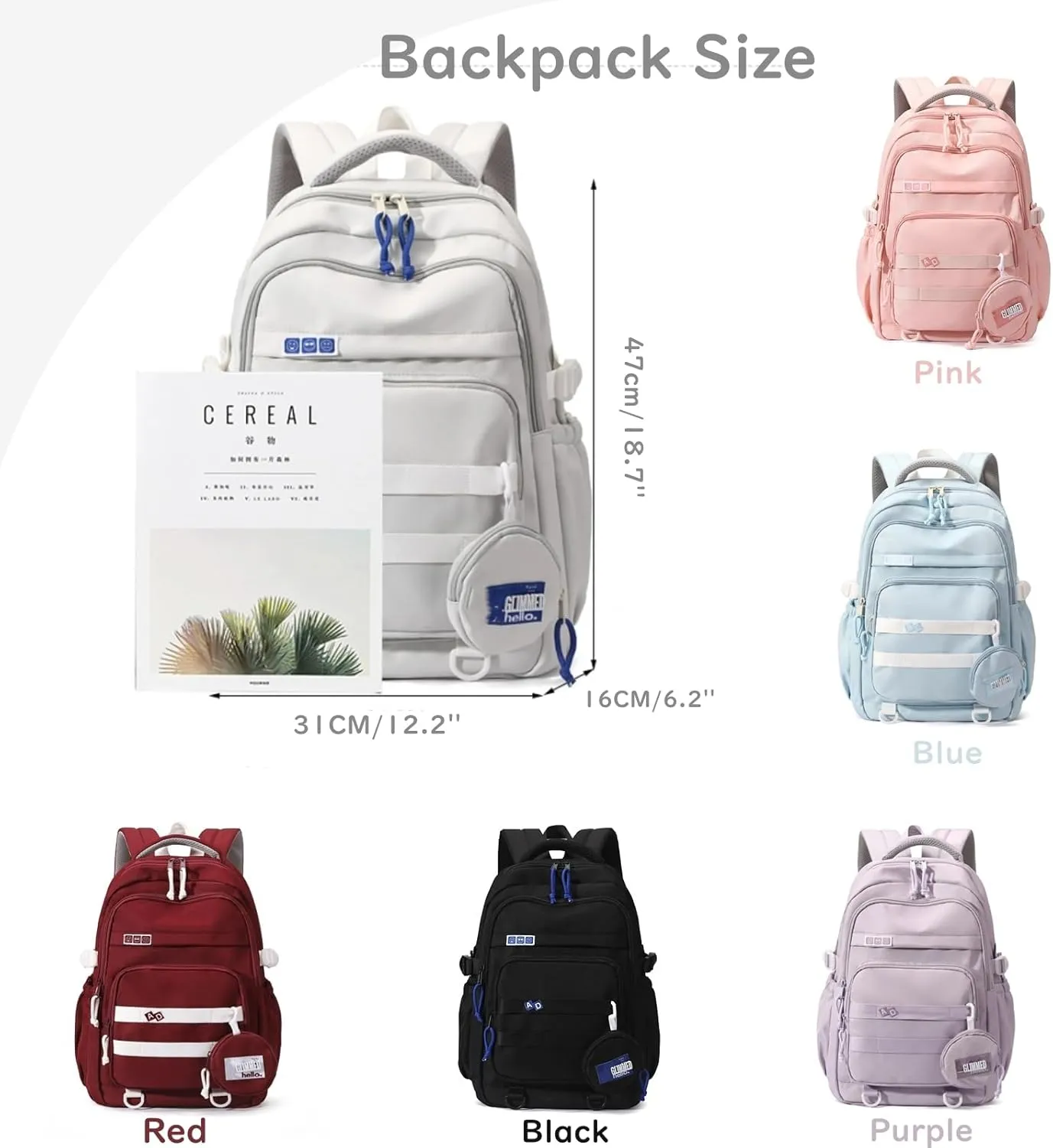Cute Aesthetic Backpack for Girls Middle School Students Bookbag Teens Solid Color Lightweight Travel Daypack Casual Schoolbag with Coin Pouch,Black