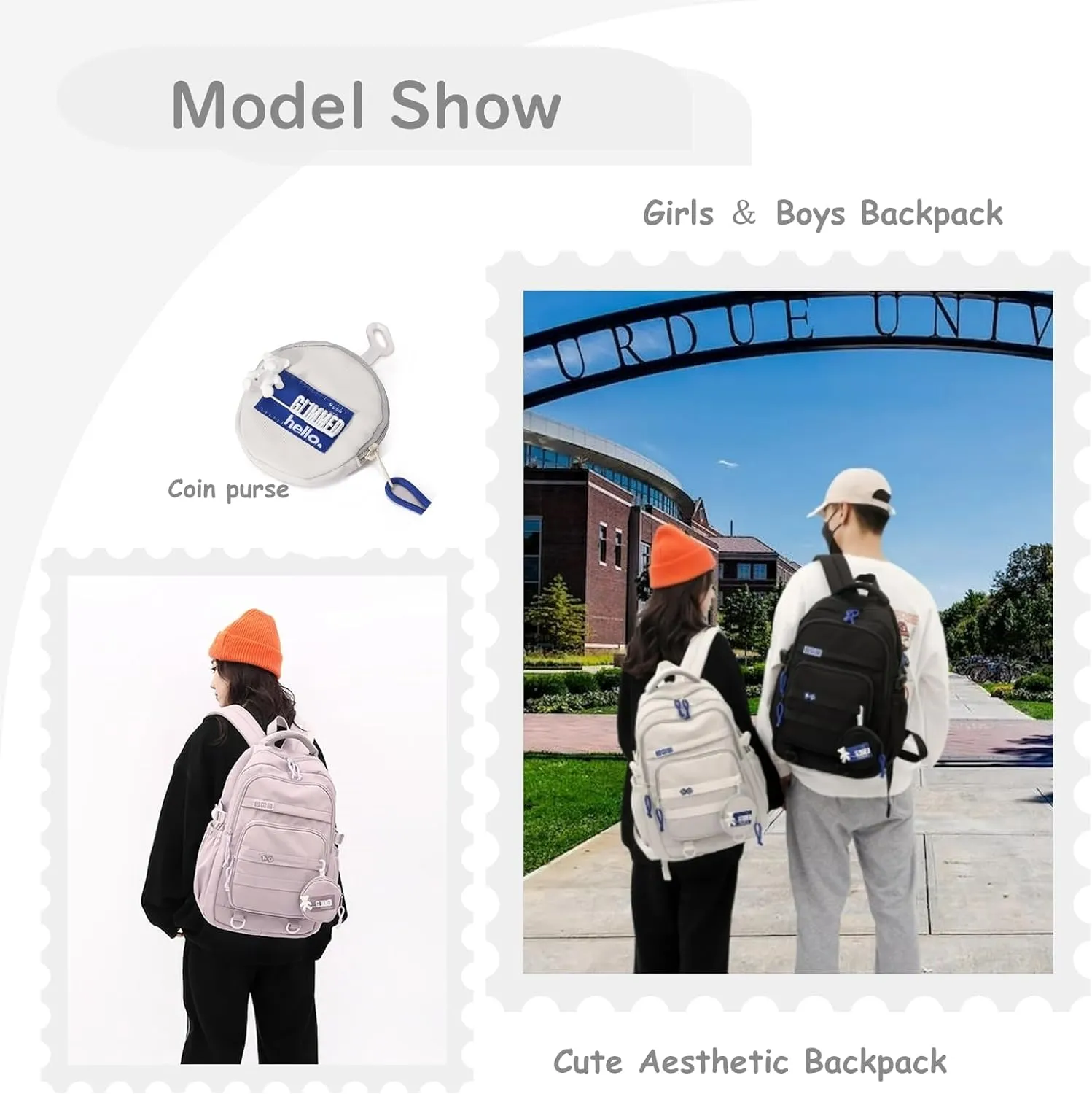 Cute Aesthetic Backpack for Girls Middle School Students Bookbag Teens Solid Color Lightweight Travel Daypack Casual Schoolbag with Coin Pouch,Black