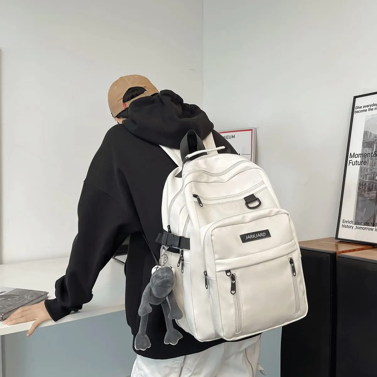 Cute Aesthetic Backpack Kawaii Backpack for School with Cute Pendant Casual Daypack Middle Student Travel College Bookbag for Girls Large Capacity(White)