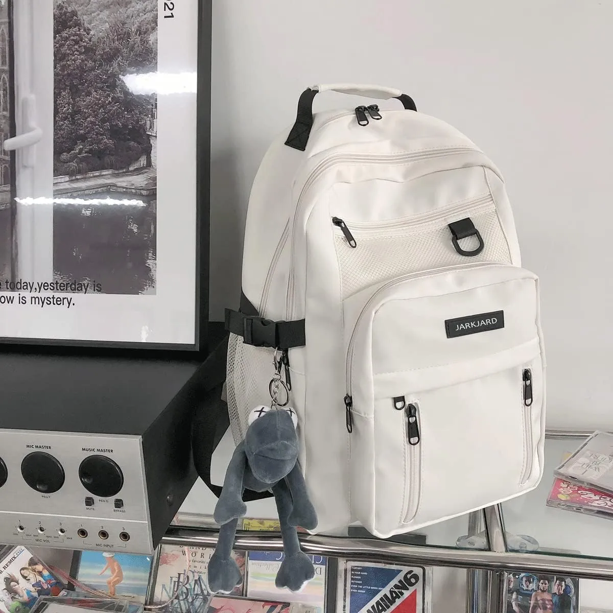 Cute Aesthetic Backpack Kawaii Backpack for School with Cute Pendant Casual Daypack Middle Student Travel College Bookbag for Girls Large Capacity(White)