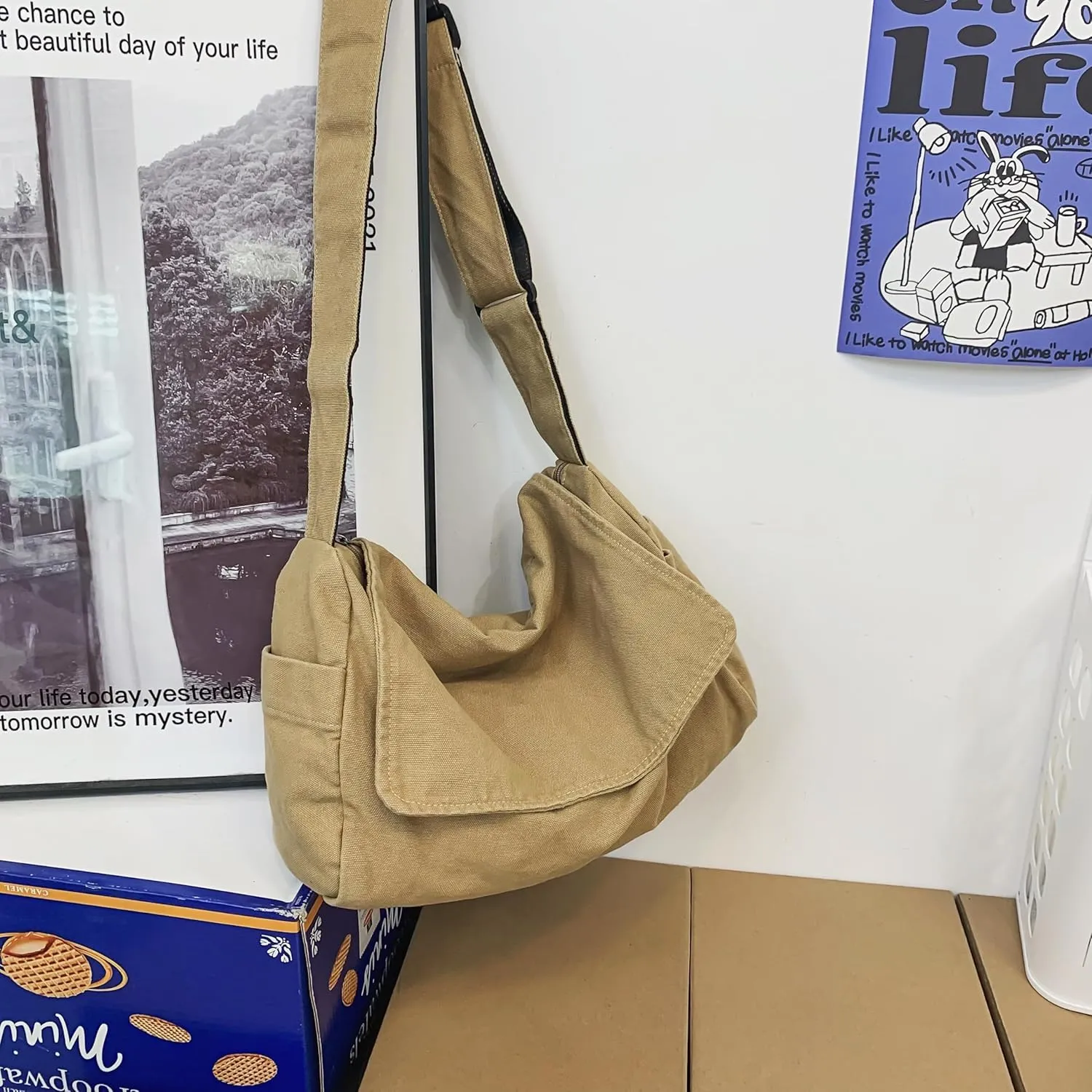 Cute Canvas Tote Crossbody Shoulder Bag with Multiple Pockets Small Casual Satchel Hobo Handbag Messenger Purse for Women