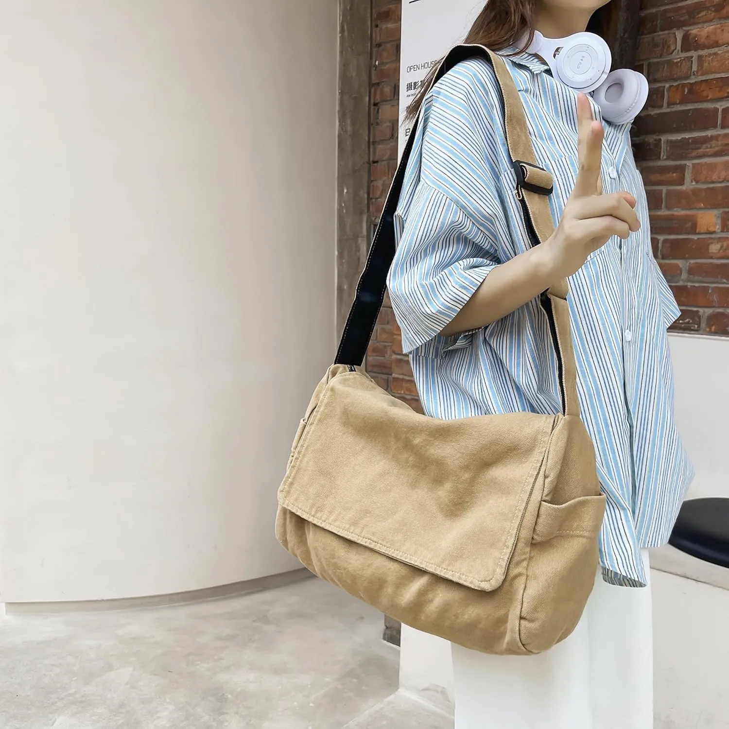 Cute Canvas Tote Crossbody Shoulder Bag with Multiple Pockets Small Casual Satchel Hobo Handbag Messenger Purse for Women