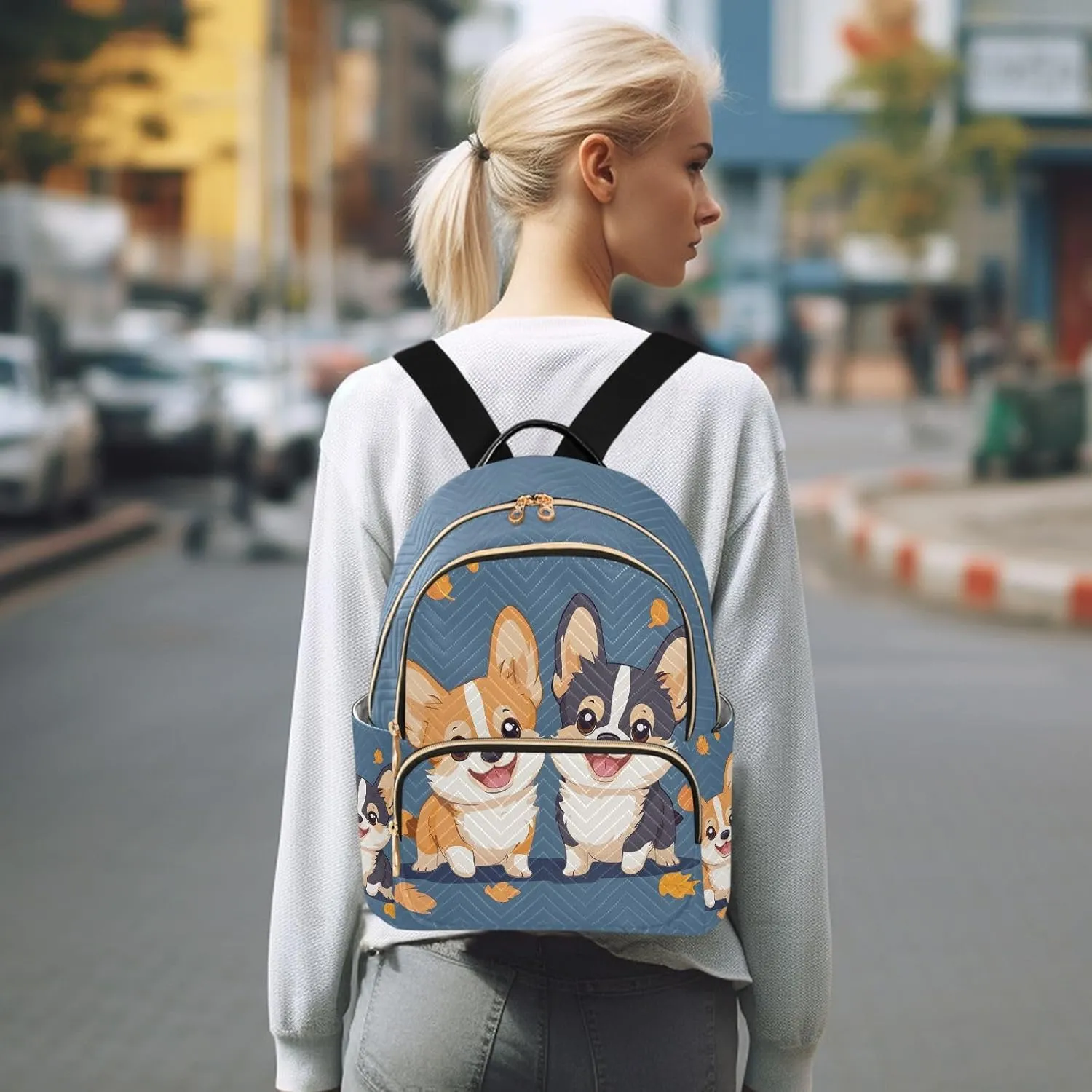 Cute Cartoon Welsh Corgi Dog Backpack Purse for Women Shoulder Bag Fashion Daypack Ladies Handbag Lightweight Travel Bag Rucksack