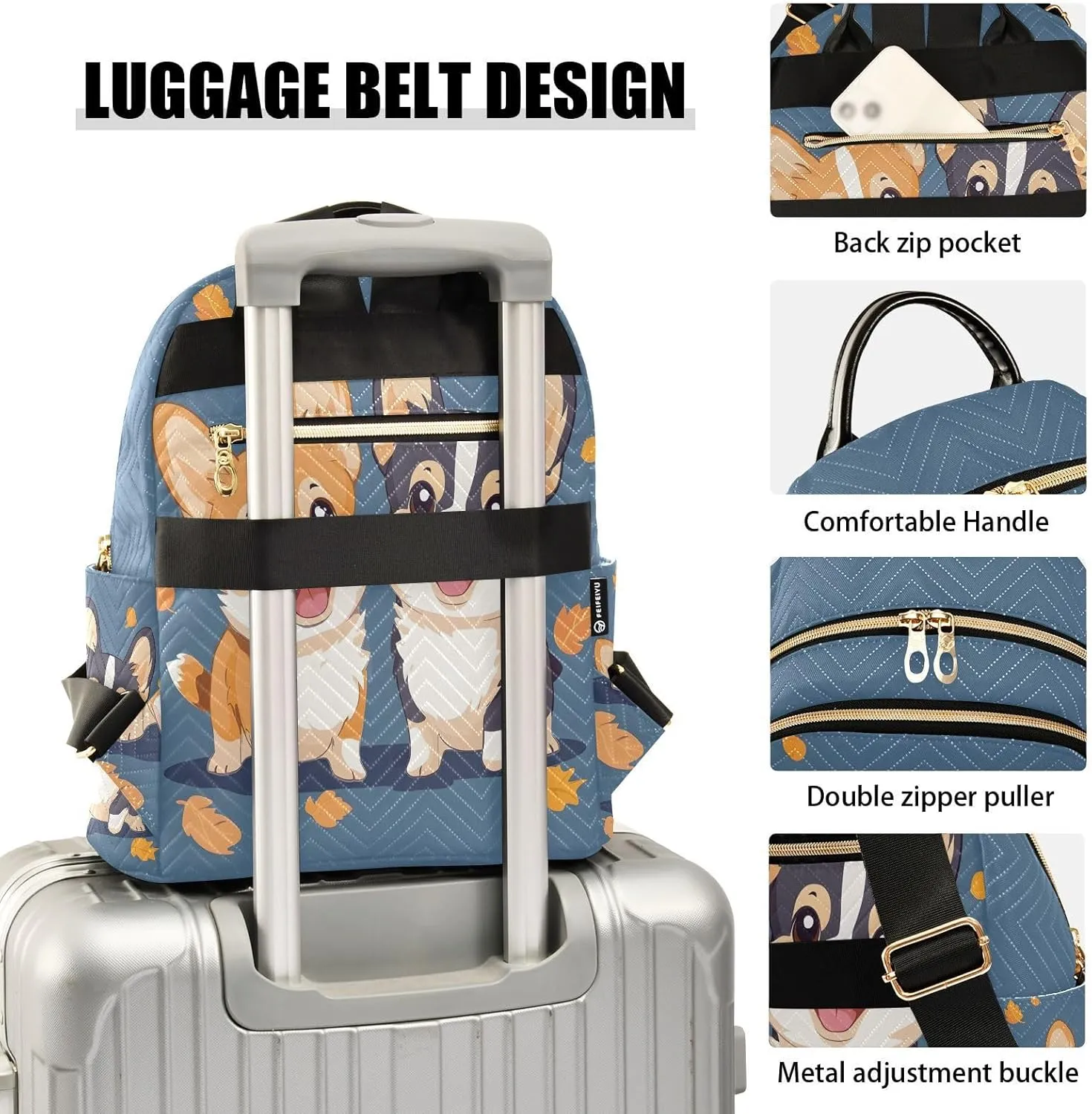 Cute Cartoon Welsh Corgi Dog Backpack Purse for Women Shoulder Bag Fashion Daypack Ladies Handbag Lightweight Travel Bag Rucksack