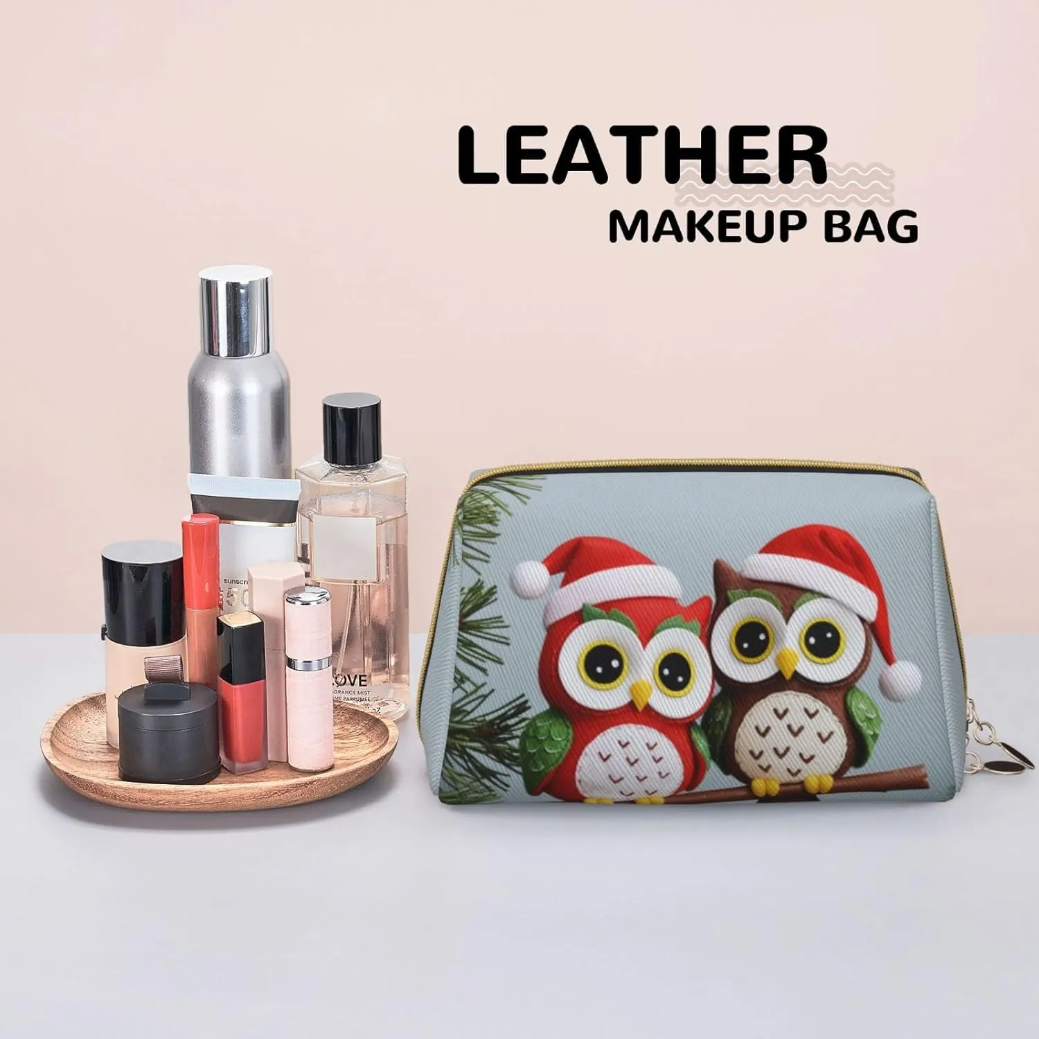 Cute Christmas Owls on Branch Printed Small Makeup Bag,Travel Cosmetic Bag Purse with Zipper,Water-resistant Makeup Organizer Bag for Women