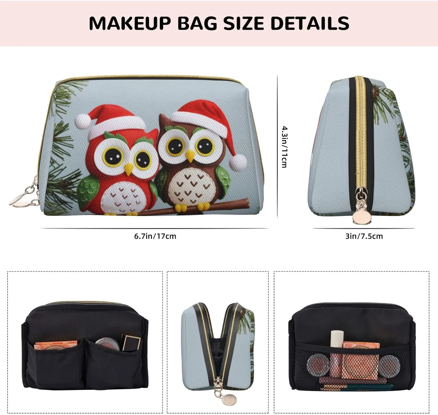 Cute Christmas Owls on Branch Printed Small Makeup Bag,Travel Cosmetic Bag Purse with Zipper,Water-resistant Makeup Organizer Bag for Women