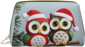 Cute Christmas Owls on Branch Printed Small Makeup Bag,Travel Cosmetic Bag Purse with Zipper,Water-resistant Makeup Organizer Bag for Women
