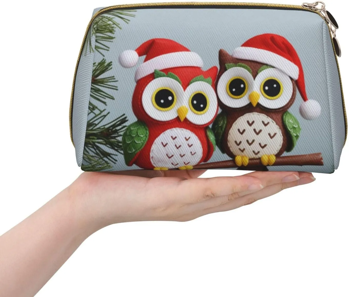Cute Christmas Owls on Branch Printed Small Makeup Bag,Travel Cosmetic Bag Purse with Zipper,Water-resistant Makeup Organizer Bag for Women