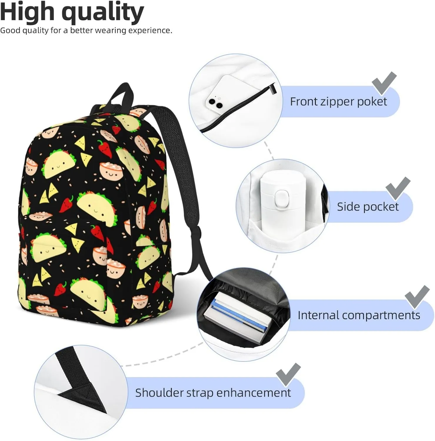 Cute Food Taco Backpack for Girls Boys Women Lightweight Canvas Bookbag Casual Daypack for Travel Outdoor Camping, 15 Inch