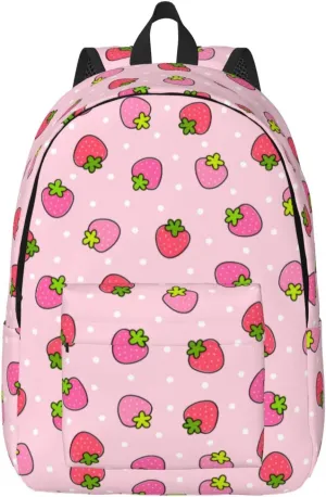 Cute Girly Pink Strawberry Backpack for Girls Boys Women Lightweight Canvas Bookbag Casual Daypack for Travel Outdoor Camping, 15 Inch