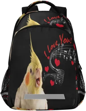 Cute Parrot Cockatiel Backpack Lightweight Shoulder Bag, Music Hearts Laptop Backpack Casual Daypack with Safe Reflective Stripes for Daily Hiking Camping