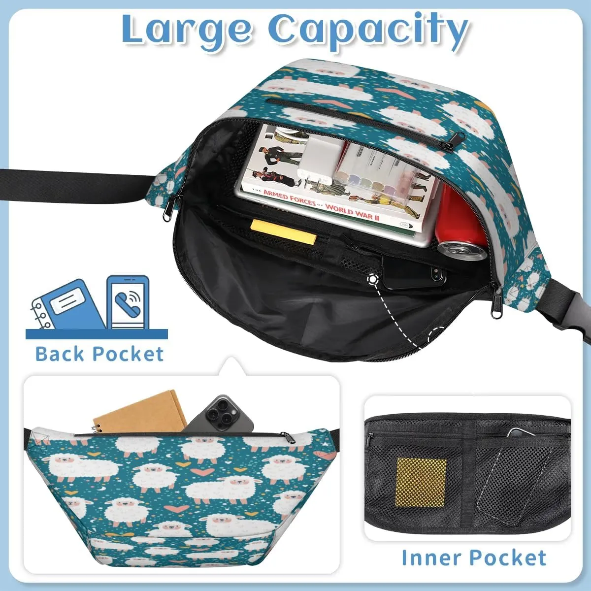 Cute Sheep Crossbody Sling Bag for Women Men Crossbody Backpack with 4 Zipper Pockets Fanny Pack Shoulder Casual Daypack for Travel Running Hiking Cycling