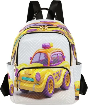 Cute Yellow Car Backpack Purse for Women Fashion Small Mini Daypack Purse for Lady Anti-theft Shoulder Bag with Double Zipper Weekend Bag